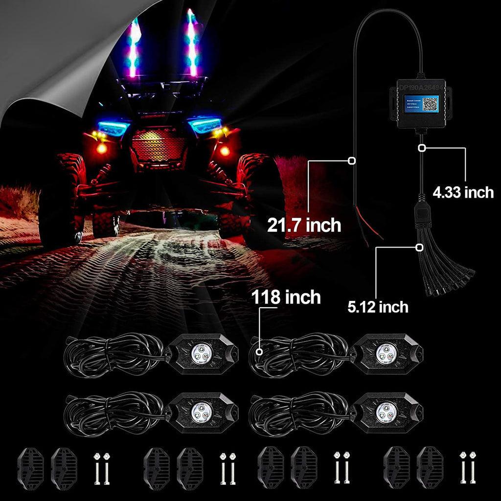 2Pcs 3FT RGB LED Whip Lights with Turn Signal & Brake Light + RGB LED Rock Lights Set - Bluetooth Controlled, Waterproof Off-Road Lighting for Jeep, Truck, ATV, UTV, Motorcycle - Perfect for Night Riding, Car Shows & Off-Road Adventures