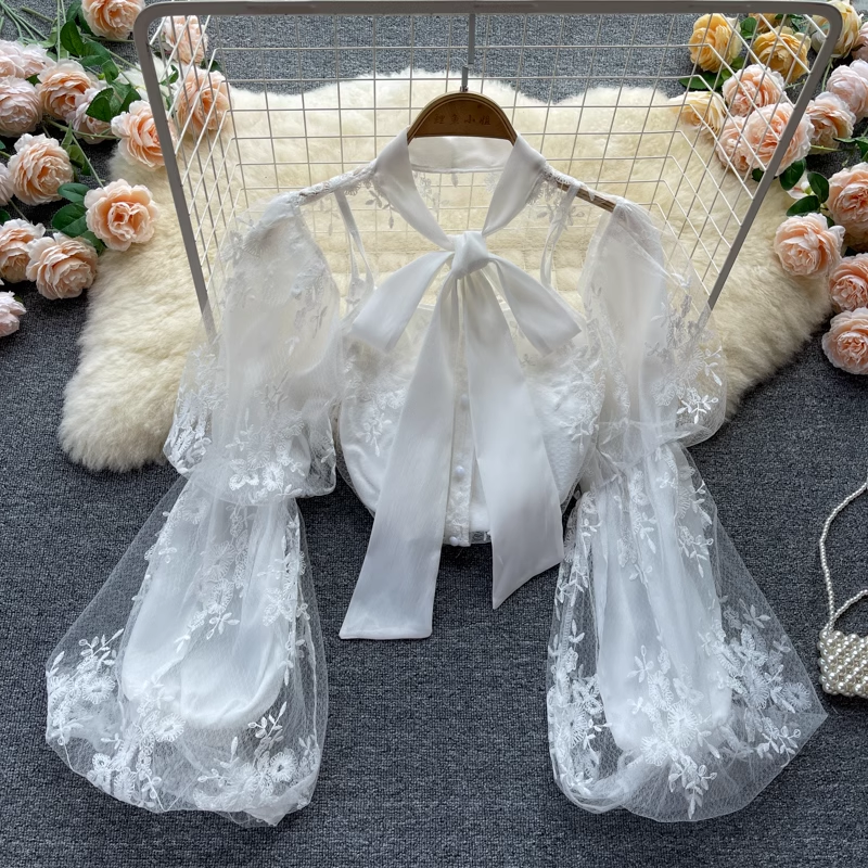 Fairy Bow Tie Puff Sleeve Lace Chiffon Blouse - Mesh Embroidery Hollow Out Top for Women | Perfect for Weddings, Parties & Romantic Dates