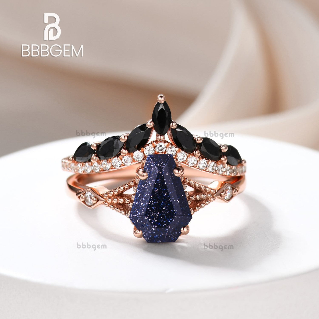 Gothic Skull Coffin Ring Set - Blue Goldstone Engagement Ring & Black Spinel Wedding Band for Alternative Couples, Dark Romance Jewelry Gift for Halloween, Vampire Themed Weddings