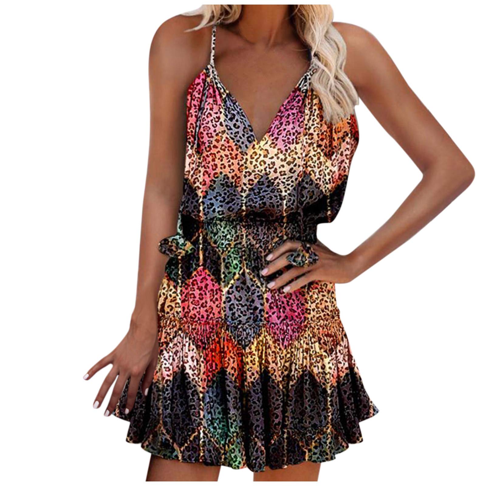 Women's Floral Print Sling Dress - Loose Sleeveless V-Neck Summer Casual Dress for Beach, Vacation & Outdoor Activities