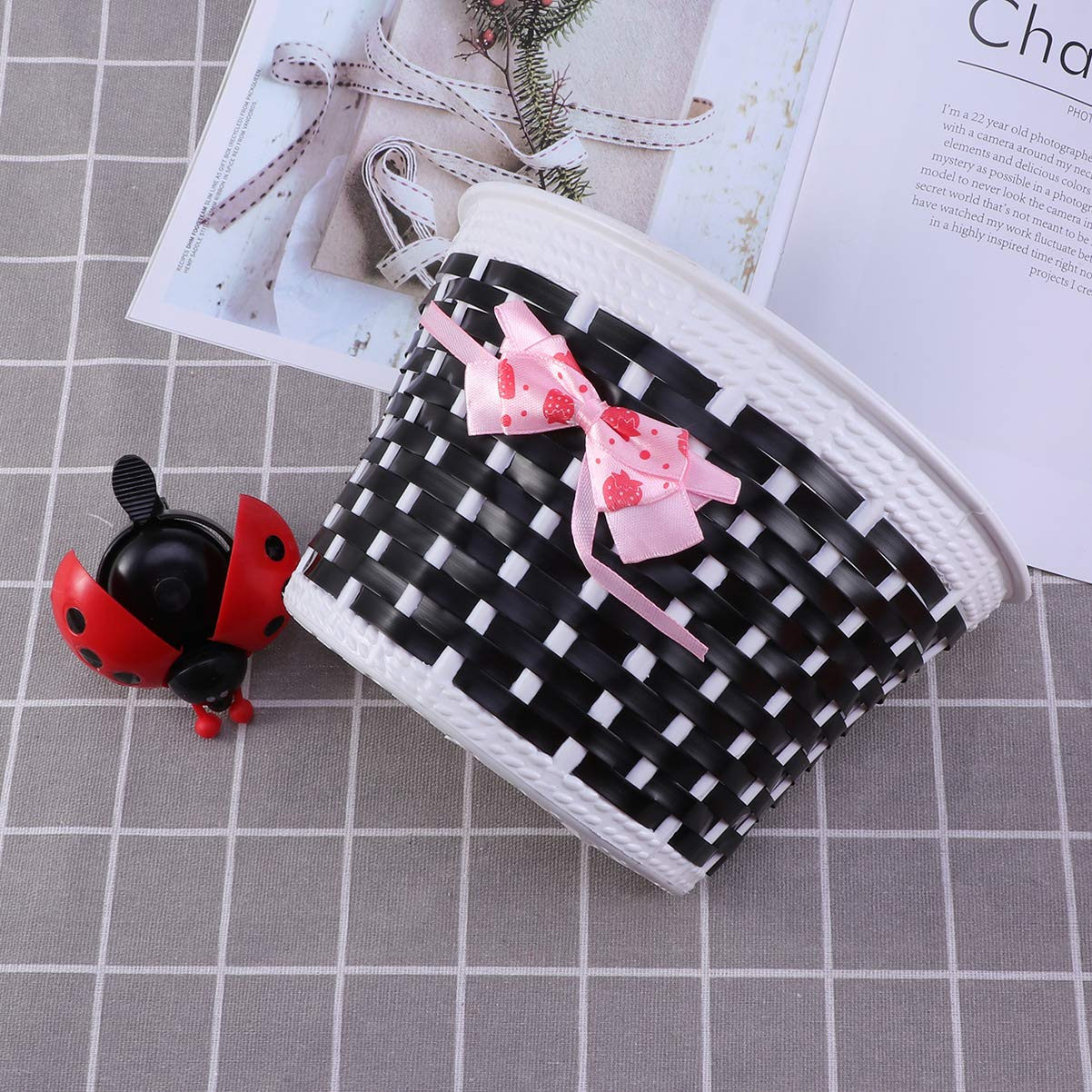LIOOBO Kids Bicycle Scooter Basket - Handmade Plastic Knitted Bow Front Bag with Bike Bell for Boys & Girls - Perfect for School, Park Rides & Outdoor Adventures
