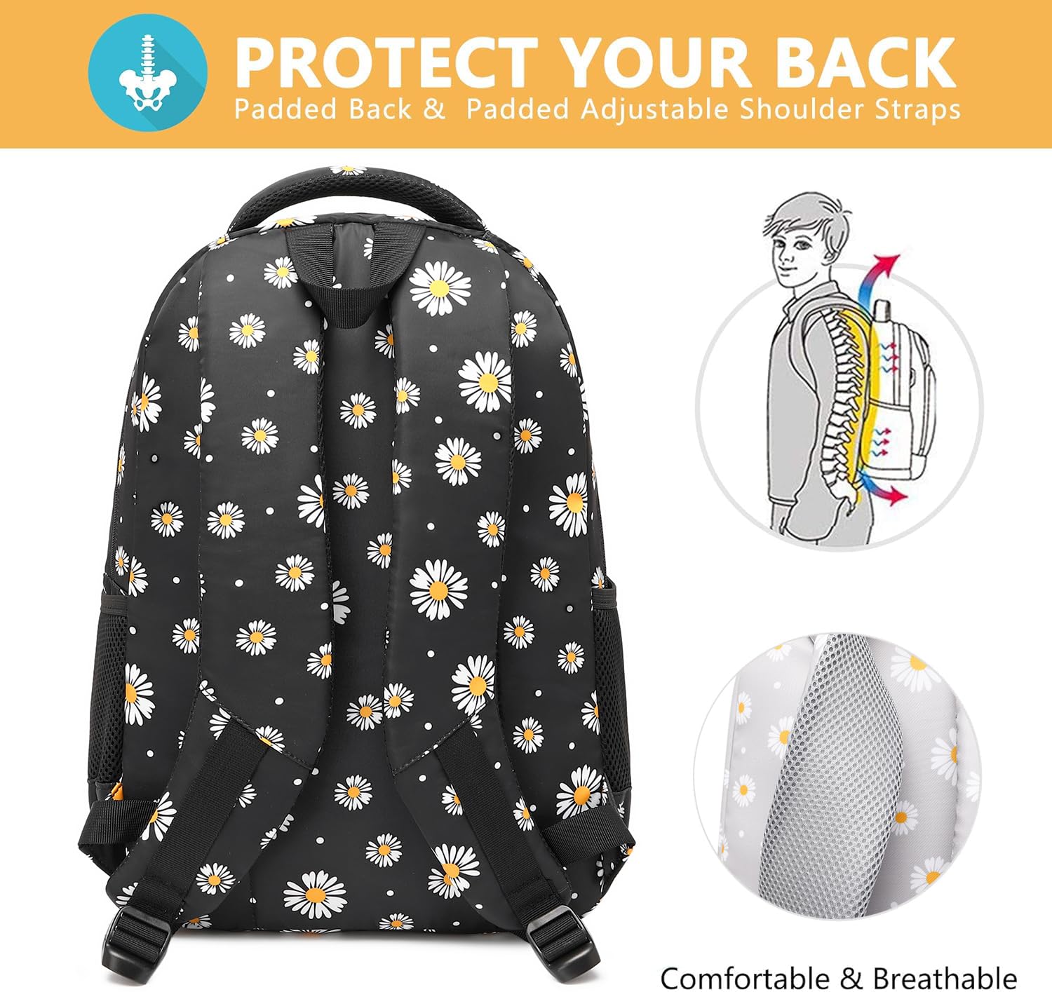 **Cute Daisy Print Girls Backpack for School - Lightweight Elementary Bookbag with Lunch Box & Pencil Case - Perfect for Kindergarten, Primary School & Travel**