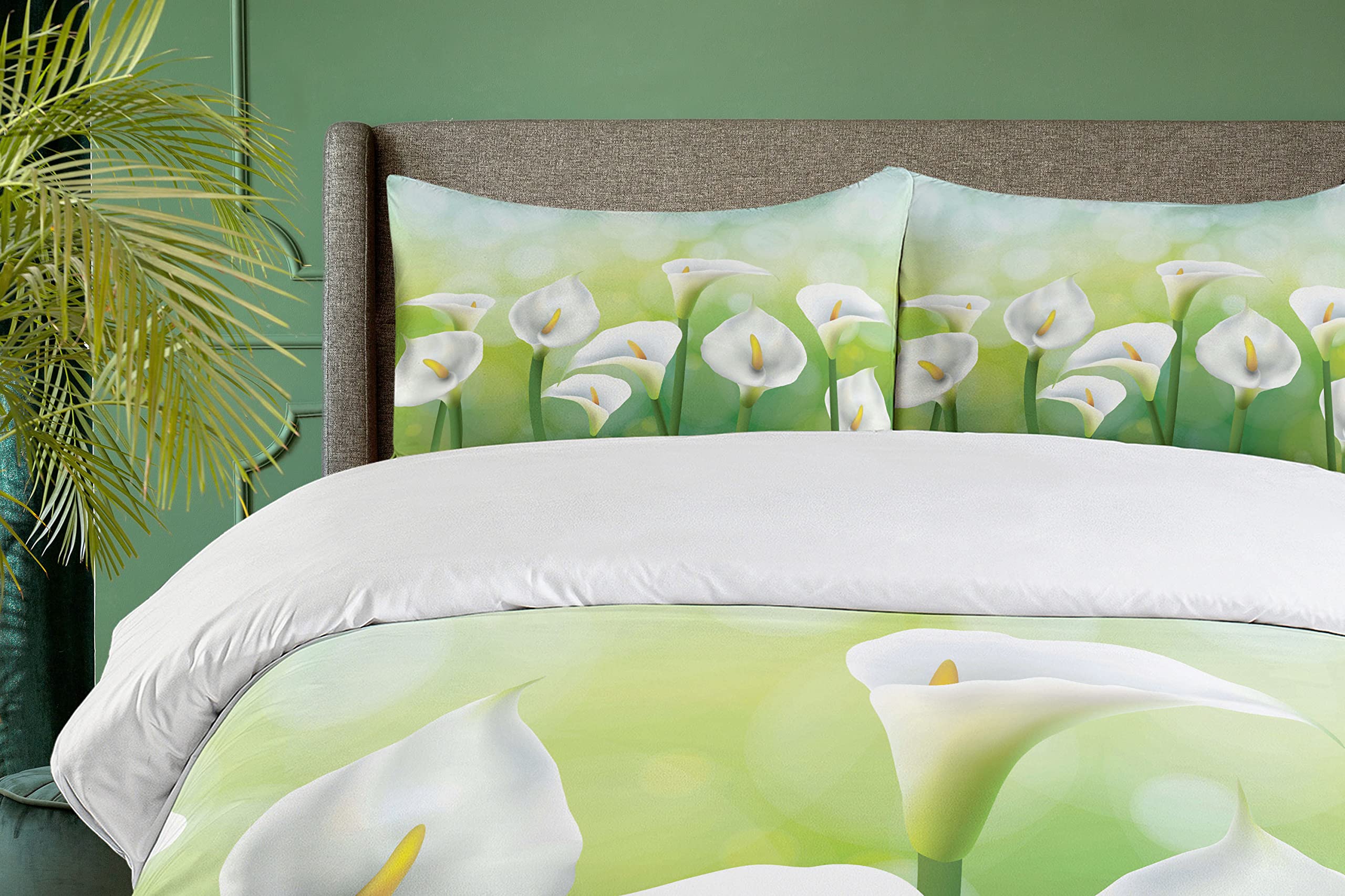 Lunarable Calla Lily Duvet Cover Set - Spring Floral Design on Green Background, 3-Piece King Size Bedding Set with 2 Pillow Shams (Green/White/Yellow) for Master Bedroom, Guest Room & Spring Home Decor