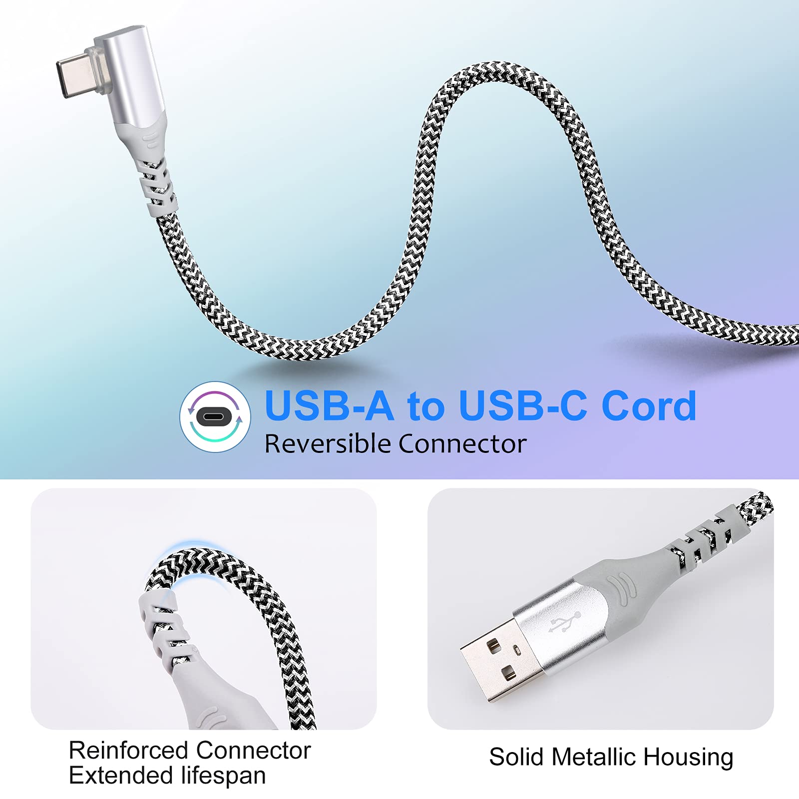 Eversame 4-Pack 10ft USB C to USB A Fast Charging Cable, Right Angle Nylon Braided Charger Cord for Samsung Galaxy S24/S23/S22/S21/S20/S10+/S9 Plus, iPhone 15 Pro Max - Perfect for Home, Office, Car & Travel Charging