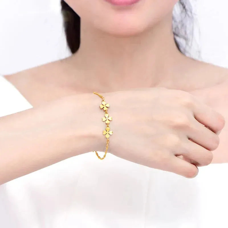 24K Pure Gold Bracelet 999 Solid Gold Bangle - Lucky Four Leaf Clover Charm, Classic & Trendy Fine Jewelry for Women | Perfect Gift for Birthday, Anniversary & Special Occasions