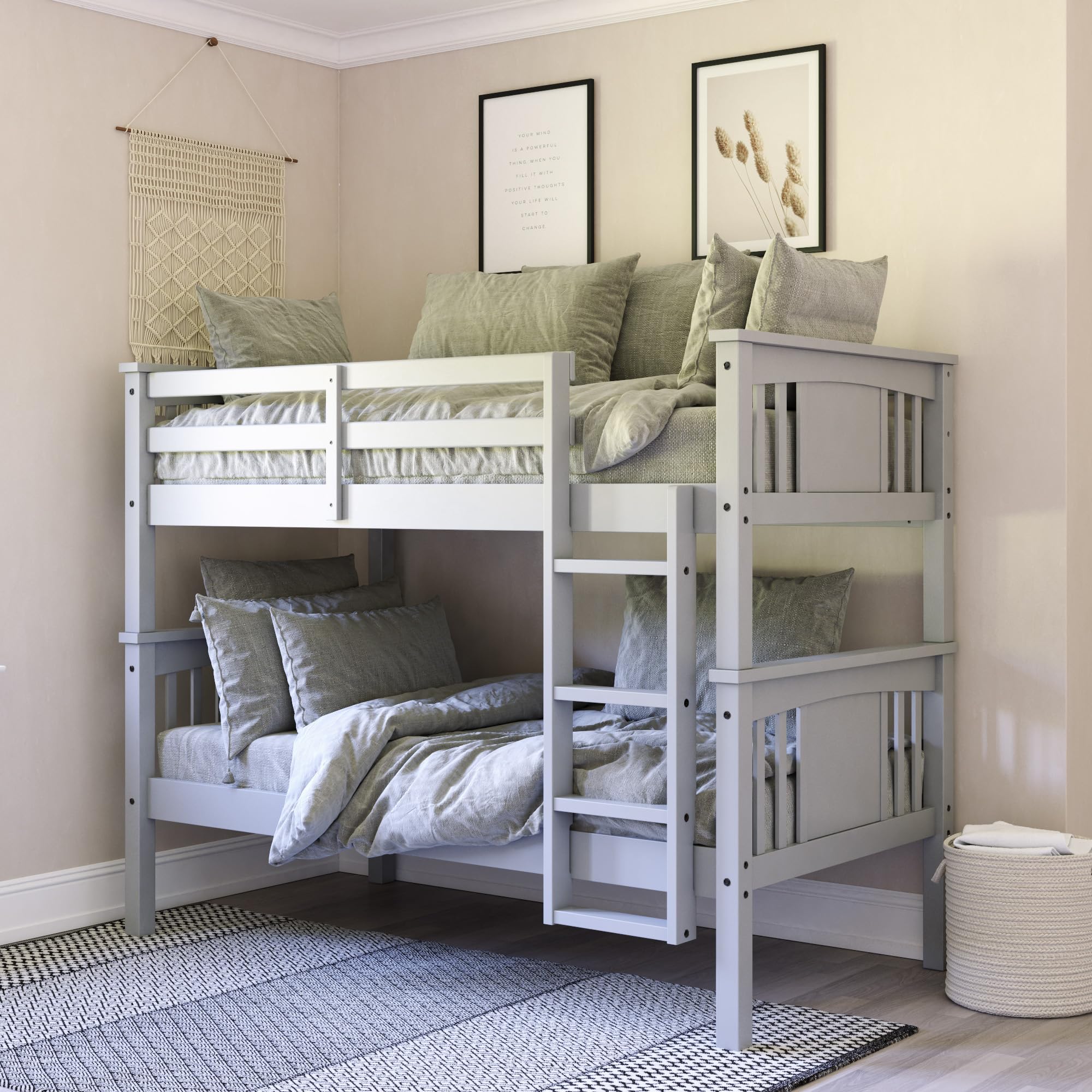 DHP Dylan Wood Twin Over Twin Bunk Bed with Ladder, Grey - Space-Saving Kids Bedroom Furniture for Siblings or Sleepovers