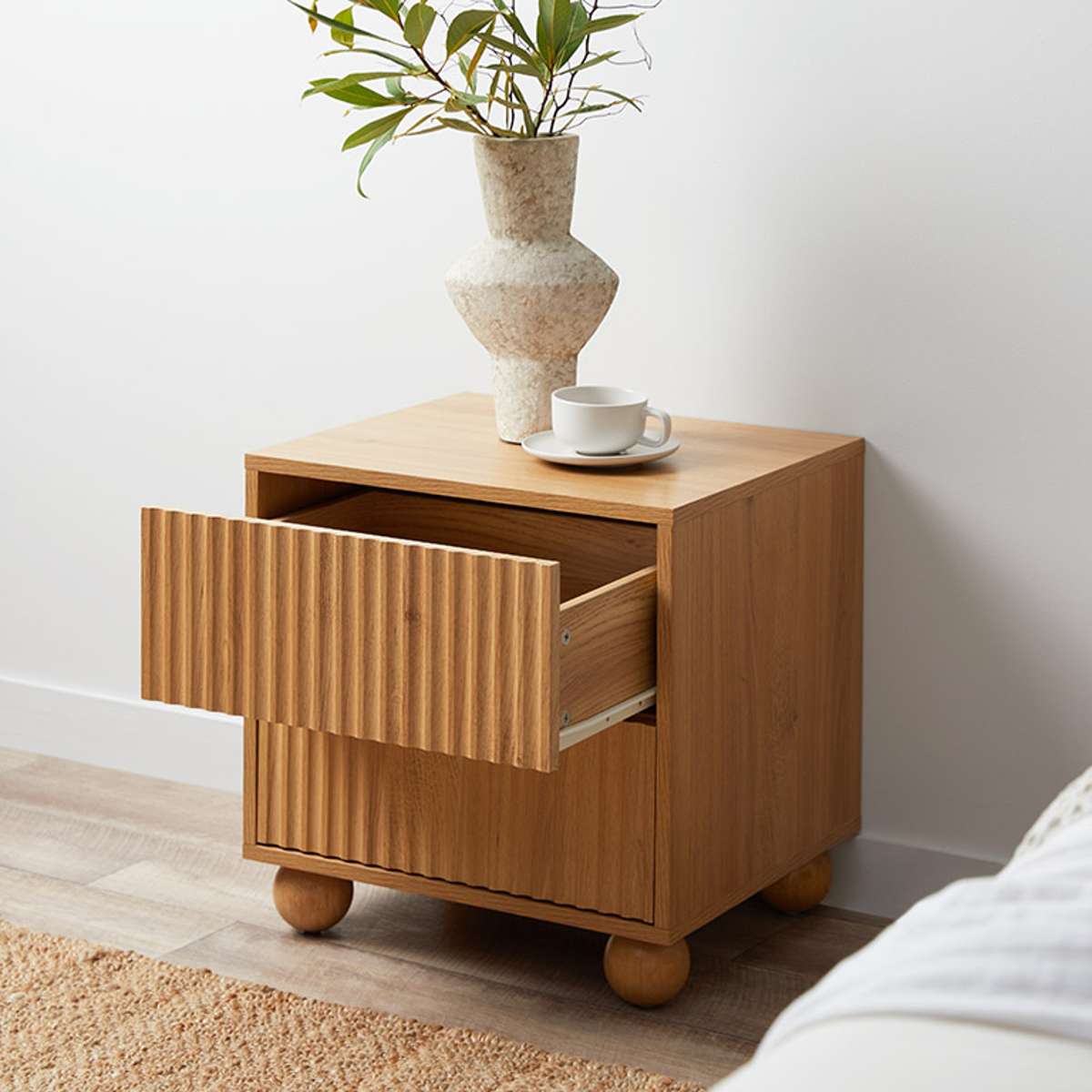 Deven Ball Feet Bedside Table - Natural Wood Nightstand with Round Base | Perfect for Bedroom, Living Room, or Office Decor
