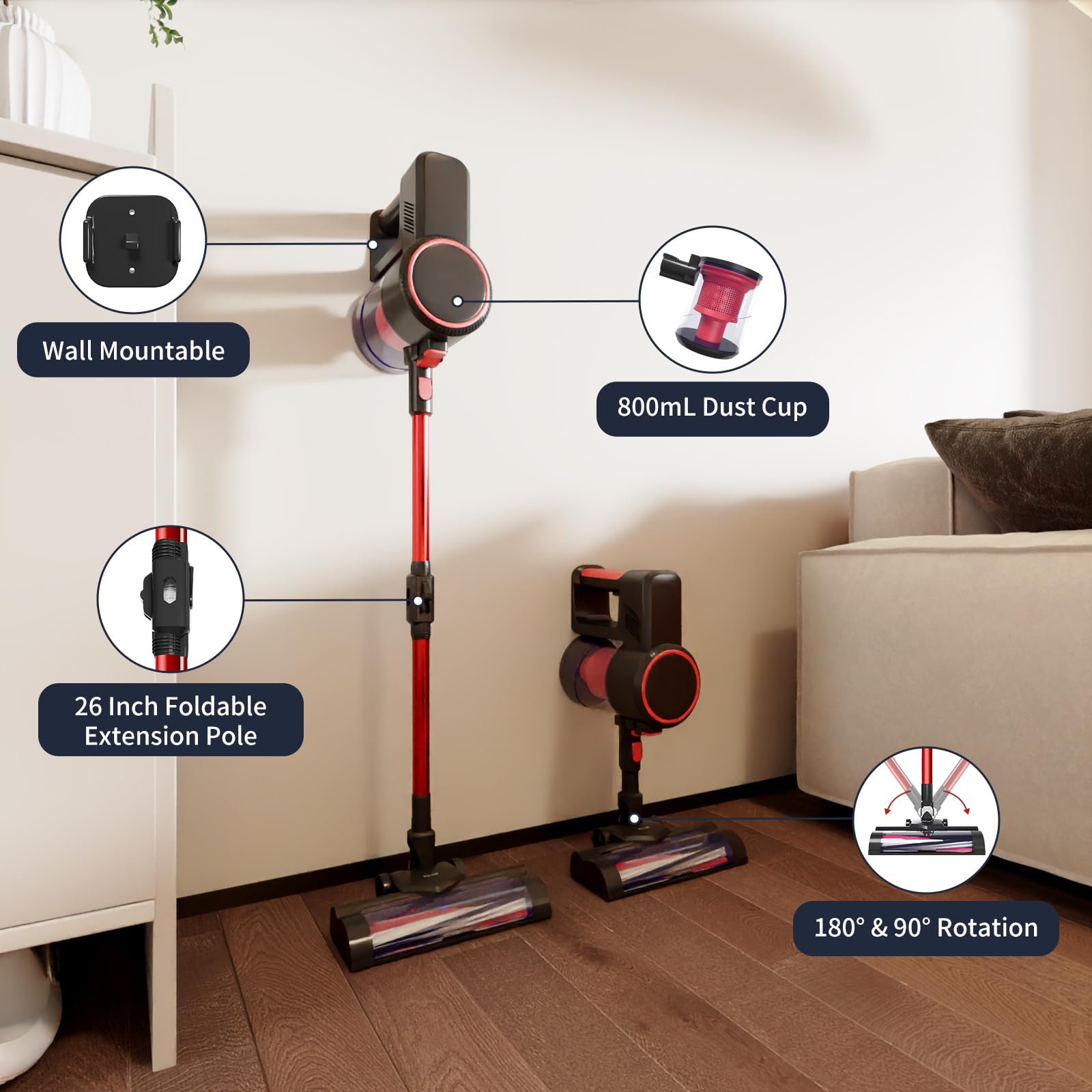 Powerful Cordless Stick Vacuum Cleaner with 2000mAh Battery - 40Min Runtime, 4-in-1 Lightweight Handheld Vacuum for Hardwood Floors, Carpets & Pet Hair - Perfect for Home Cleaning & Pet Owners