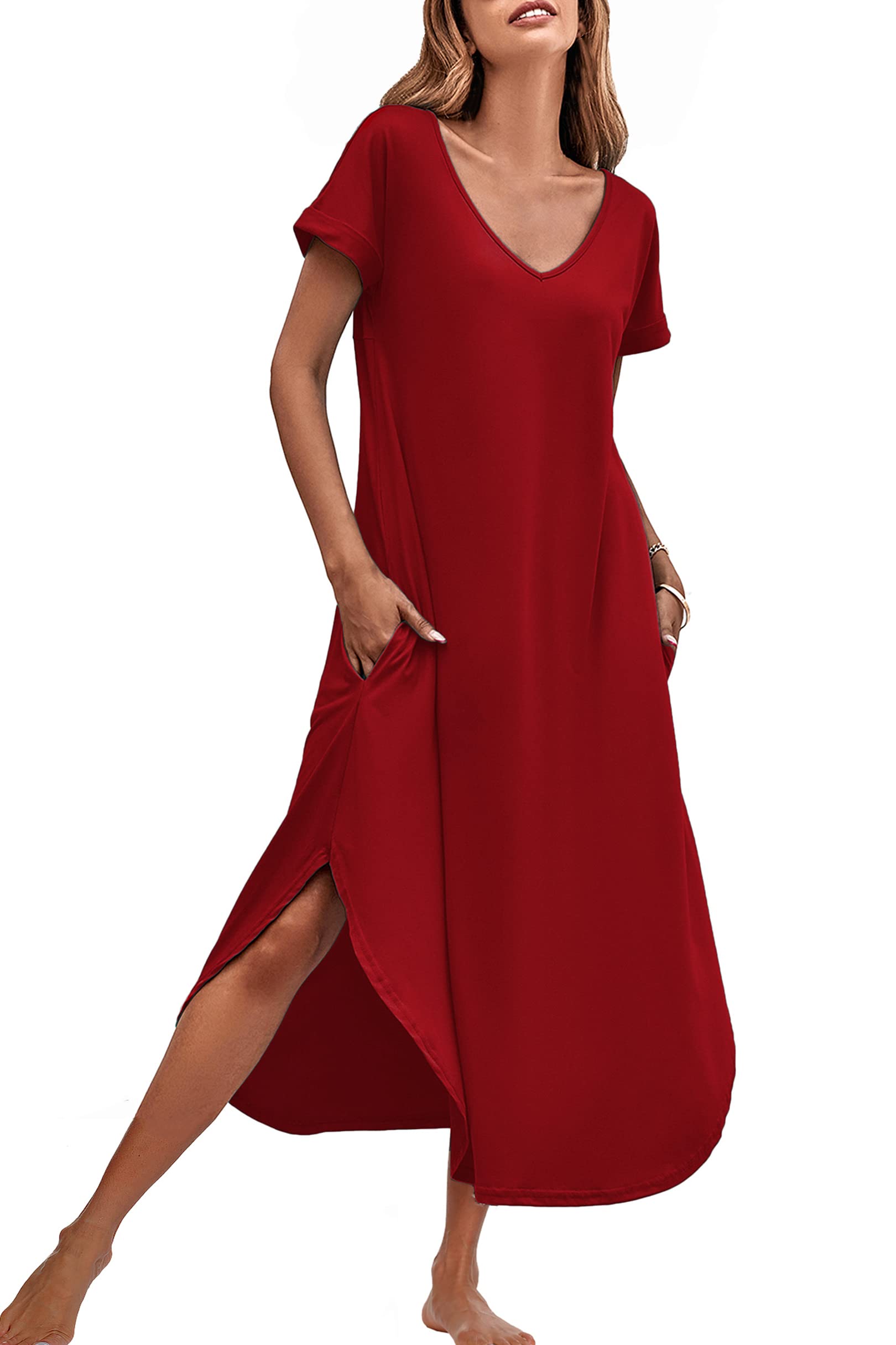 Ekouaer Women's V-Neck Nightgown - Soft Short Sleeve Sleepwear with Side Split Pockets, Sizes S-3XL | Comfortable Nightdress for Relaxing at Home, Lounging & Sleeping