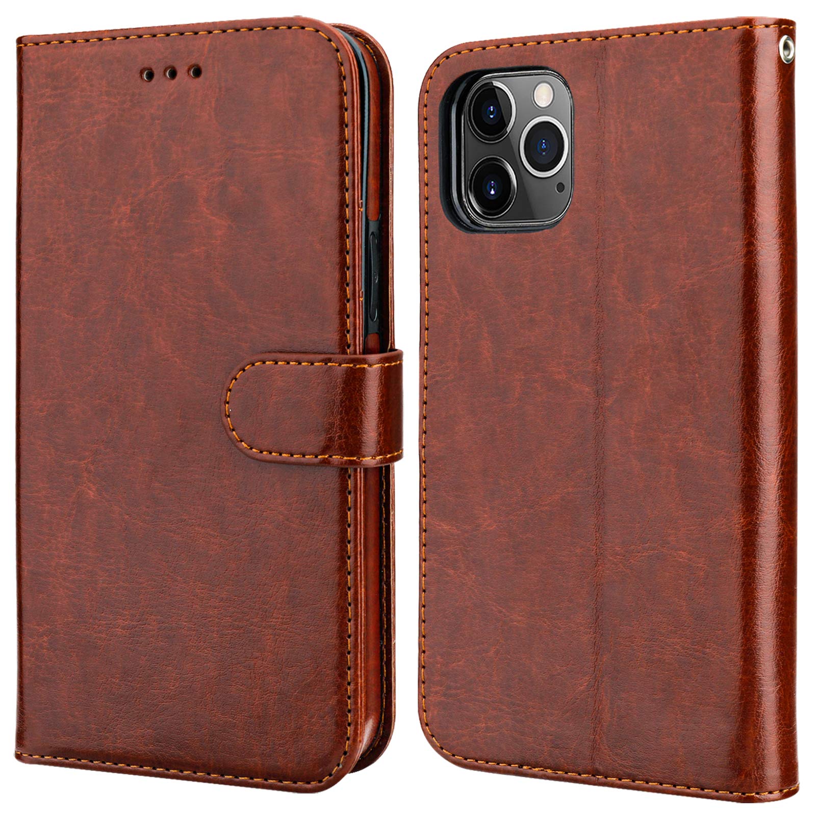 Magnetic Detachable PU Leather Wallet Case for iPhone 11 Pro Max (6.5 inch) - Shockproof Flip Cover with Card Holder, Kickstand & Wrist Strap - Brown | Perfect for Work, Travel & Everyday Protection