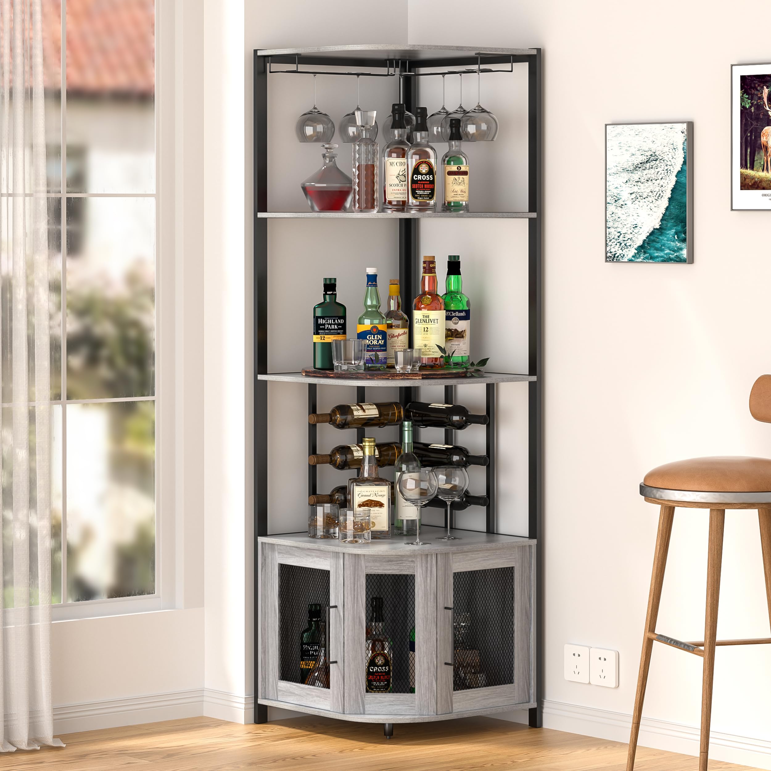 Anmytek 5-Tier Industrial Corner Bar Cabinet - Wood & Metal Wine Liquor Storage with Open Shelves | Space-Saving Home Bar Display for Kitchen, Living Room, Small Apartments | Perfect for Entertaining, Dining Rooms & Compact Spaces