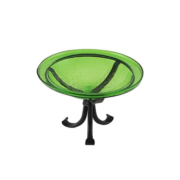 Fern Green Crackle Glass Birdbath Bowl for Garden Decor - Handmade Outdoor Bird Feeder with Crackled Texture, Perfect for Attracting Birds to Your Backyard or Patio