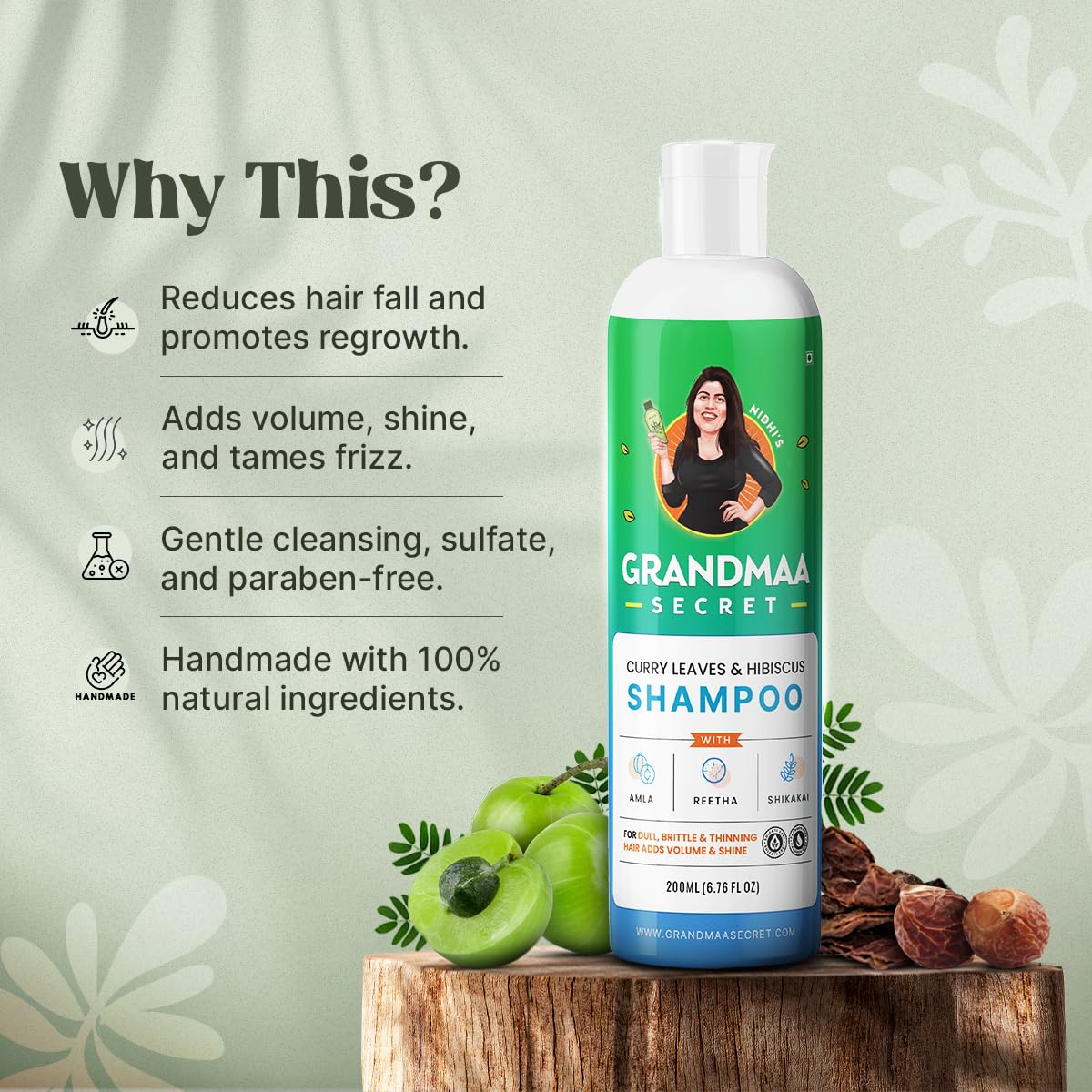 NIDHI’S GRANDMAA SECRET Herbal Shampoo for Hair Fall Control | Natural Anti-Dandruff Shampoo with Curry Leaves & Hibiscus | Frizzy & Damaged Hair Repair | Paraben & Sulphate Free | 200mL | Perfect for Daily Hair Care Routine at Home or Salon