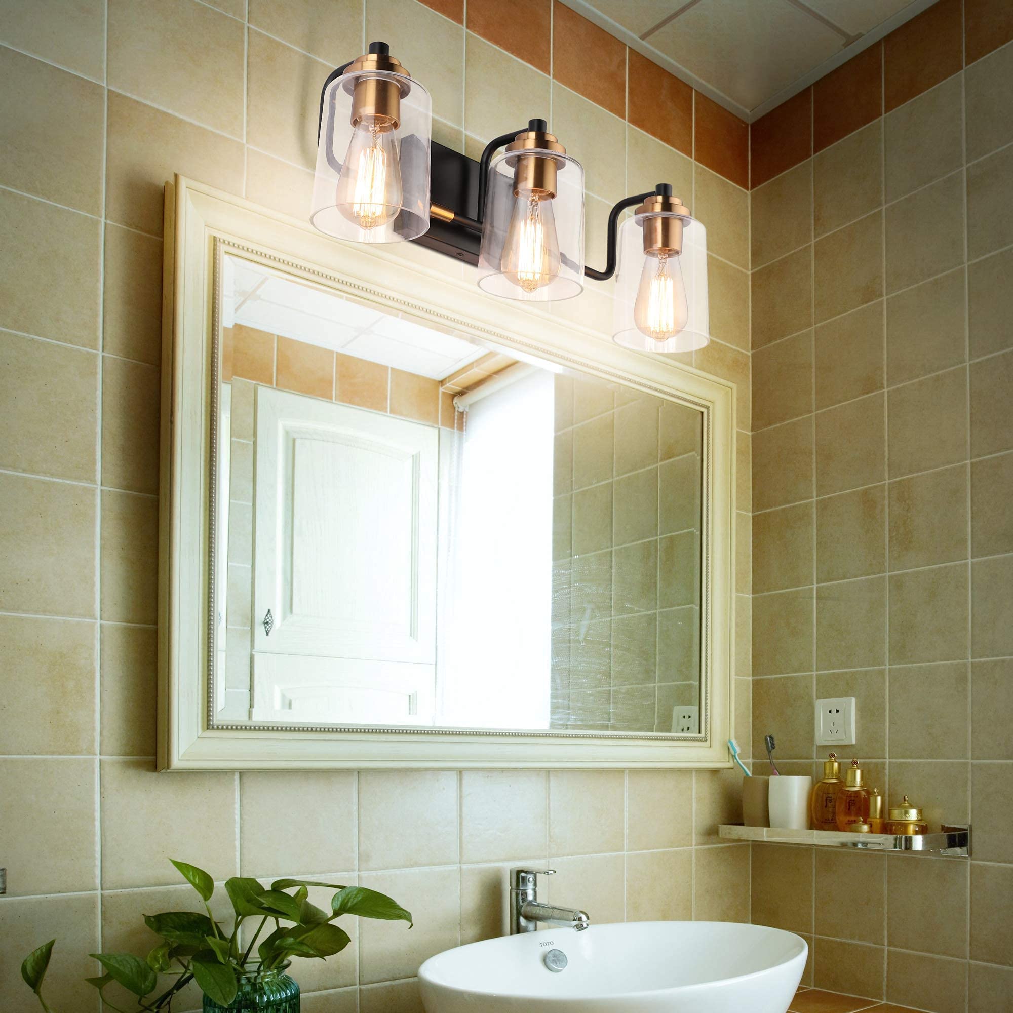 Vintage Bathroom Vanity Light Fixture Set - Black & Brass 7600-3 + 7600-4 Lights (Bulbs Not Included) | Perfect for Farmhouse, Industrial & Retro Style Bathroom Lighting