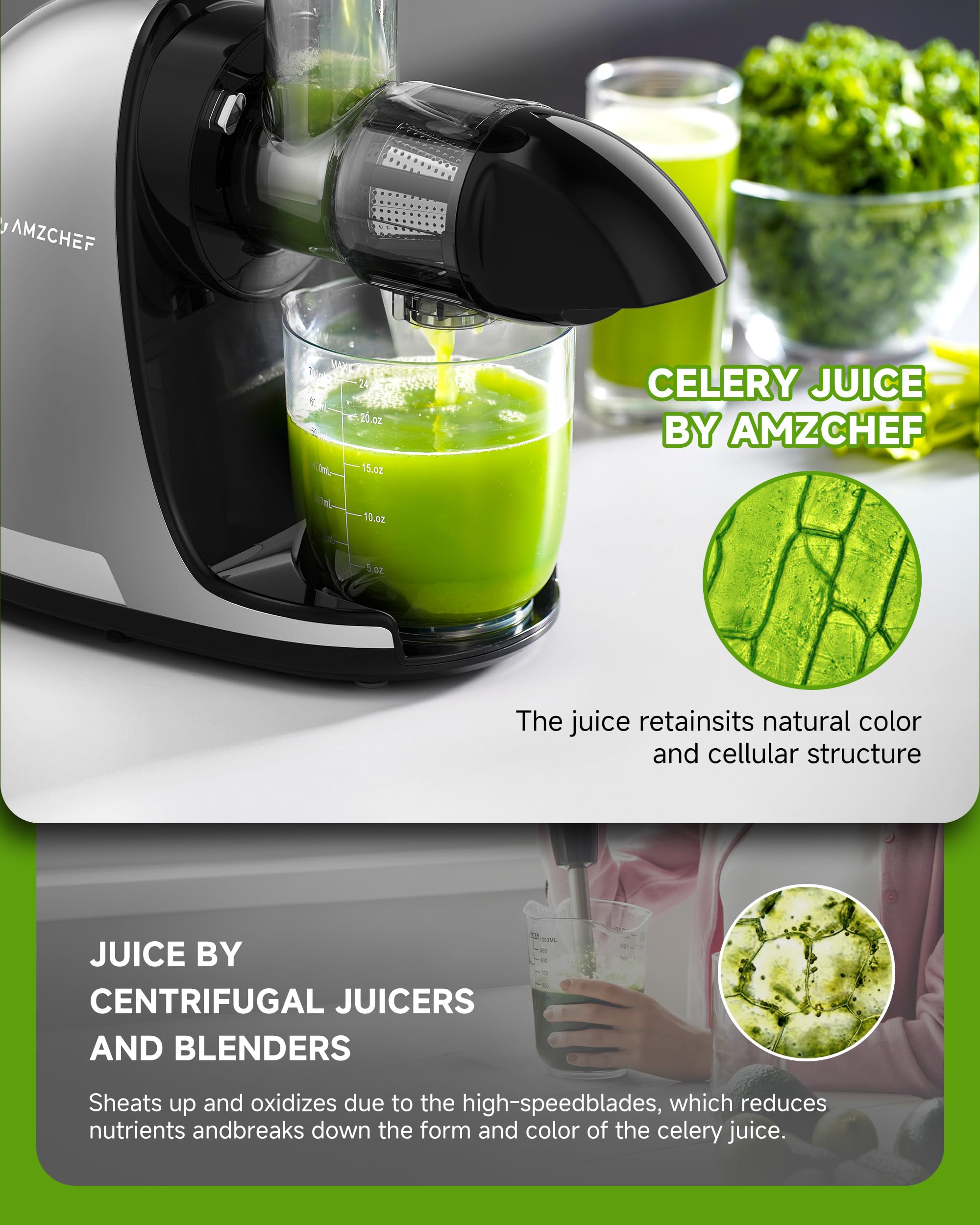 AMZCHEF Slow Masticating Juicer - Cold Press Whole Fruit & Vegetable Extractor with High Juice Yield, BPA-Free, Includes 2 Cups & Recipe Book (Grey) - Perfect for Healthy Juicing at Home, Office or Gym