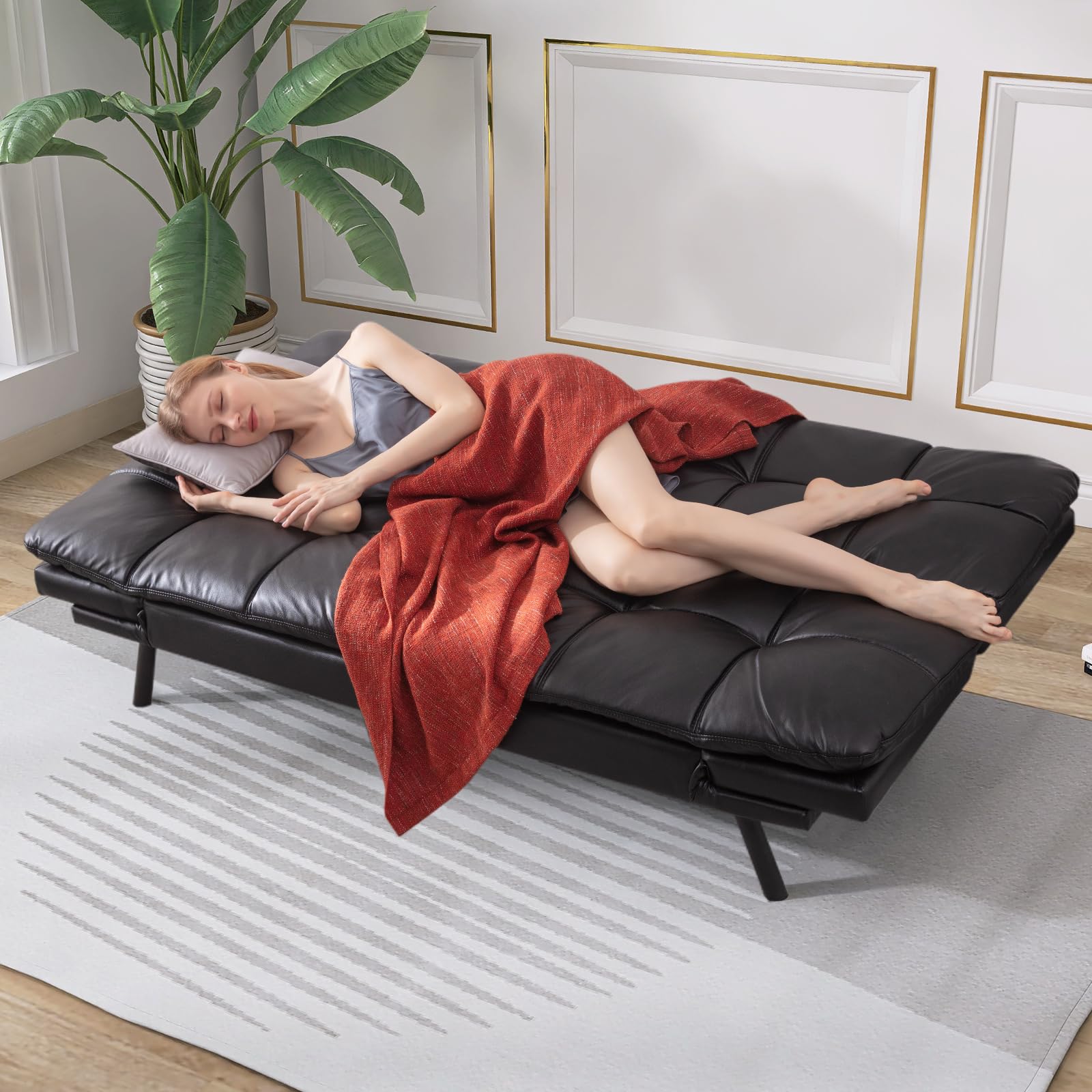 Hcore Convertible Futon Sofa Bed with Memory Foam - Modern Faux Leather Loveseat Sleeper for Living Room, Office & Apartment - Dark Black (SF-267) | Perfect for Small Spaces, Guest Rooms & Studio Apartments