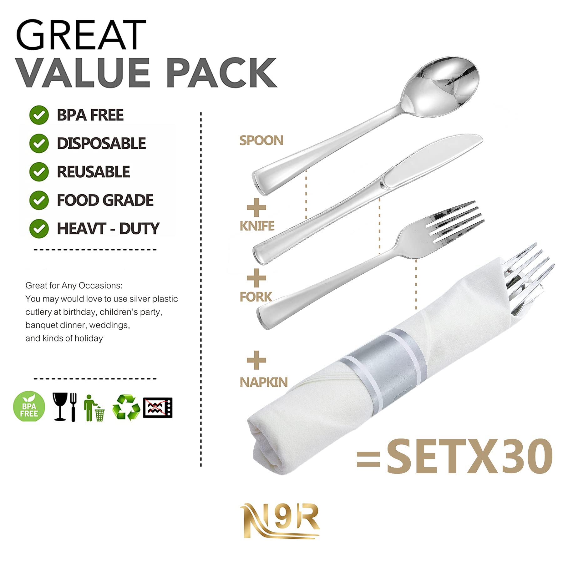 30-Pack N9R Disposable Plastic Cutlery Set - 30 Forks, 30 Knives, 30 Spoons & 30 Napkins - Premium Silver Plastic Silverware for Parties, Weddings, Picnics & Catering Events