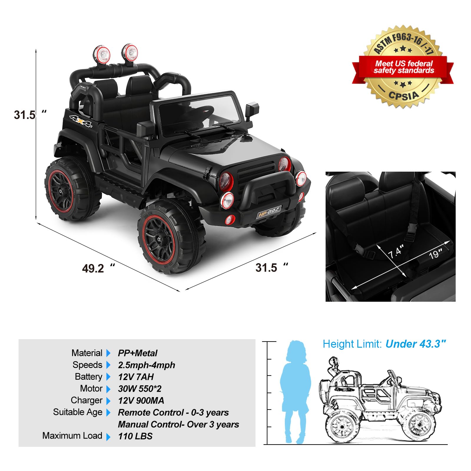 12V7AH Kids Electric Ride-On Truck with Parental Remote Control - 2-Seater Children's Car with Music, LED Lights & Spring Suspension - Perfect for Outdoor Play & Backyard Fun (Black)