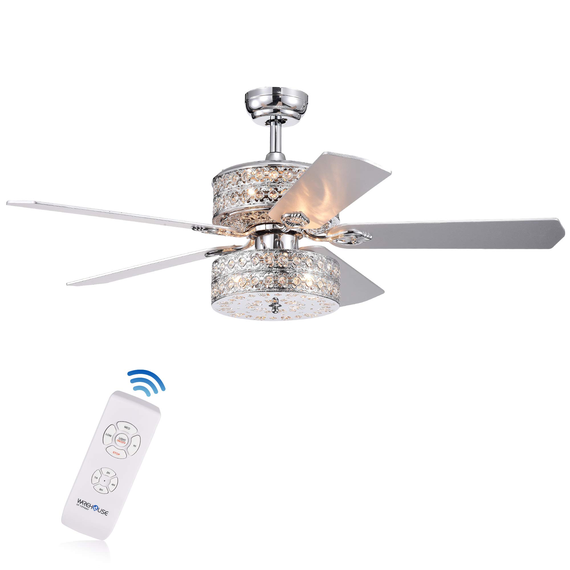 52 Inch 5-Blade Ceiling Fan with Remote Control - Modern Grey Indoor/Outdoor Ceiling Fan - Quiet Reversible Motor for Bedroom, Living Room, Patio (Warehouse of Tiffany Hai Chrome)