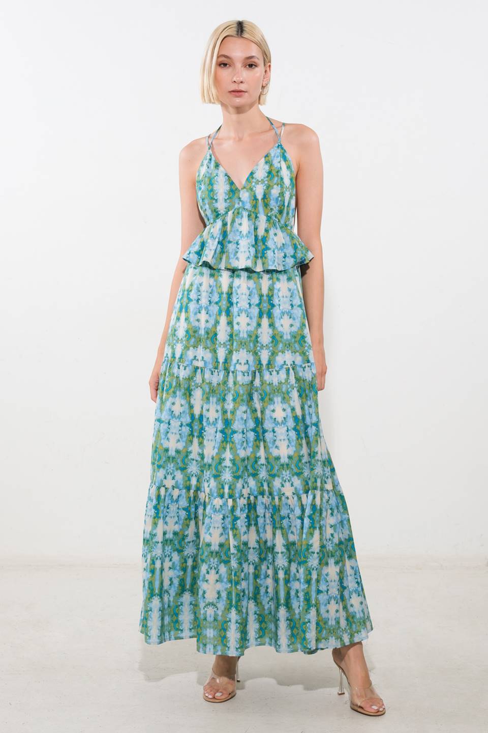 MOONLIGHT WHISPER PEPLUM MAXI DRESS in Blue | Elegant Flowy Women's Evening Gown for Parties, Weddings & Special Occasions