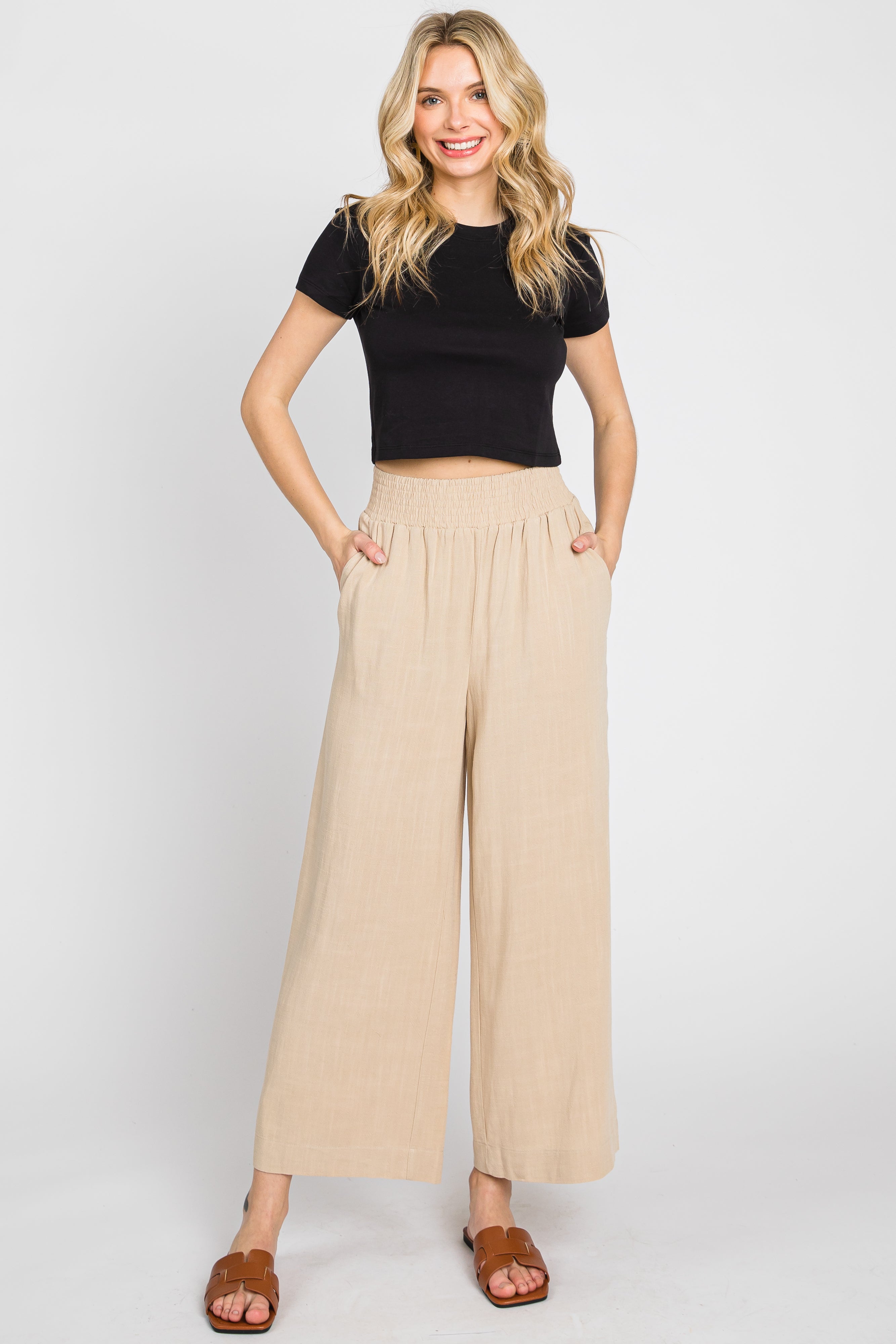 Comfortable Beige Wide Leg Maternity Pants for Pregnant Women - Soft Stretchy Fabric for Everyday Wear, Office & Pregnancy Yoga