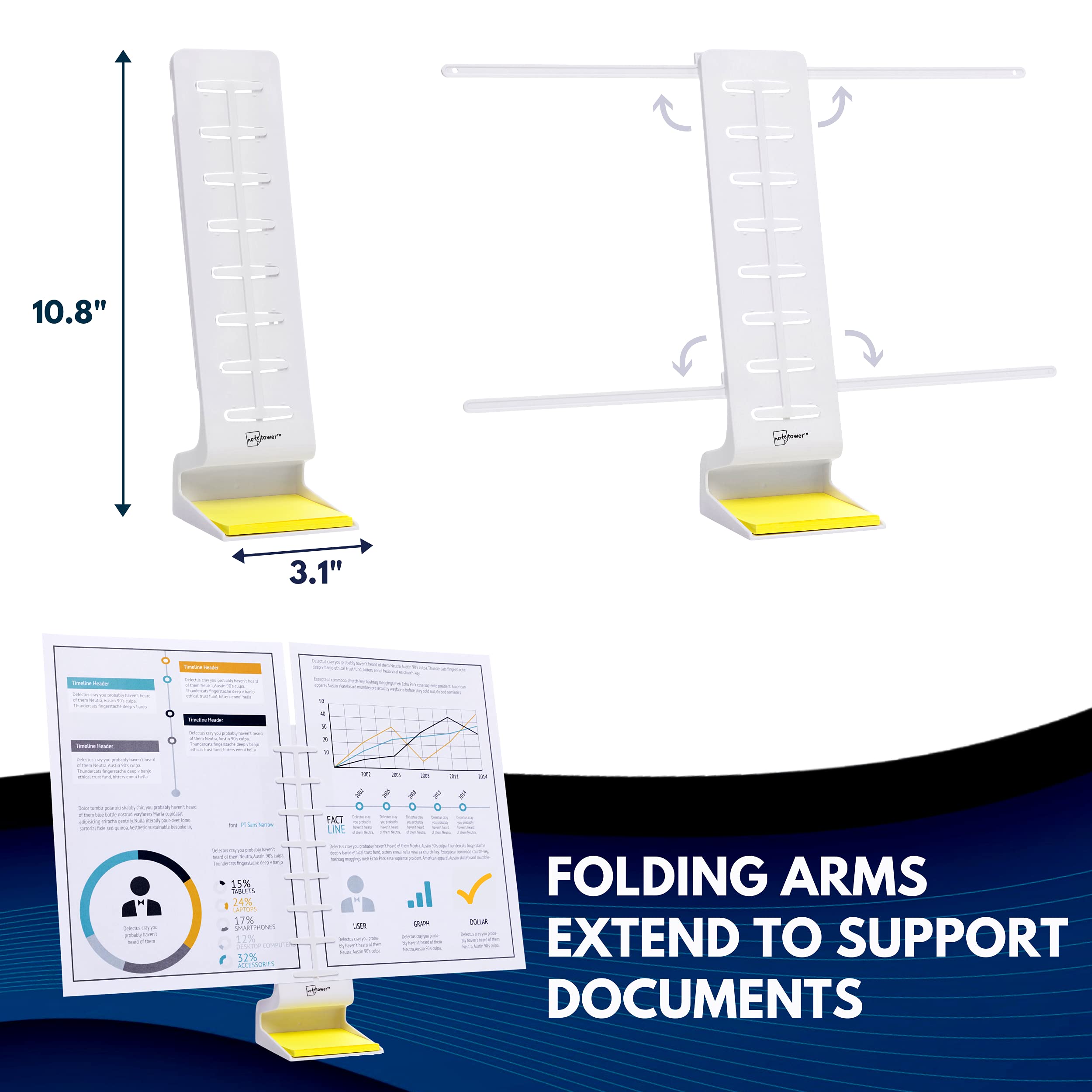 Note Tower Desktop Pro Dual Document Holder for Typing | Compact 2-Page Paper Stand for Desk | Organizer for Copy Paper, Photos & Sticky Notes | Includes 3x3 Post-it Notes | White | Perfect for Office, Study & Home Workspace Organization