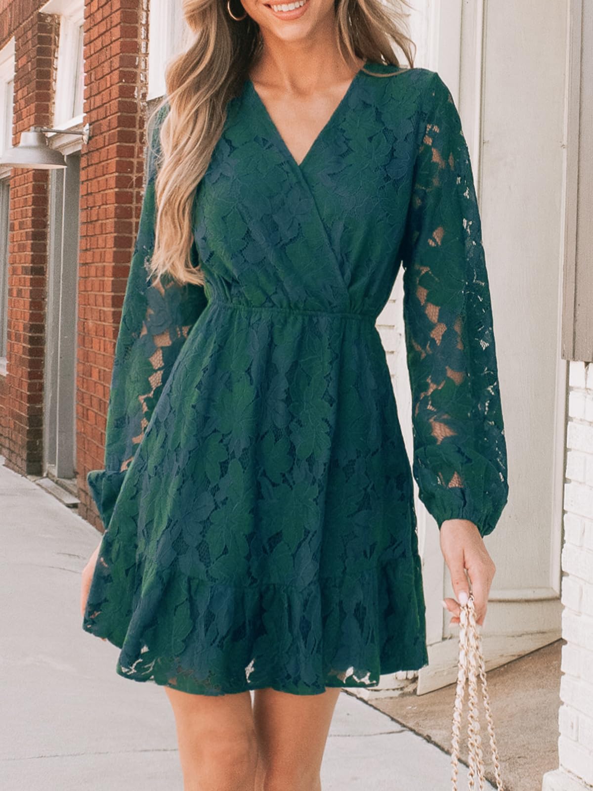 CUPSHE Women's Elegant V-Neck Lace Peasant Sleeve Summer Dress - High Waist A-Line Mini Dress for Wedding Guest, Beach Party & Casual Outings