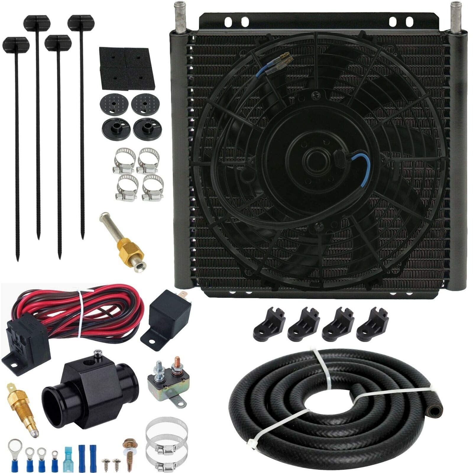 30 Row Transmission Oil Cooler Kit with 9-Inch Fan, 38mm Inline Fittings & 180°F Temperature Switch - High-Performance Cooling for Trucks, RVs, and Off-Road Vehicles
