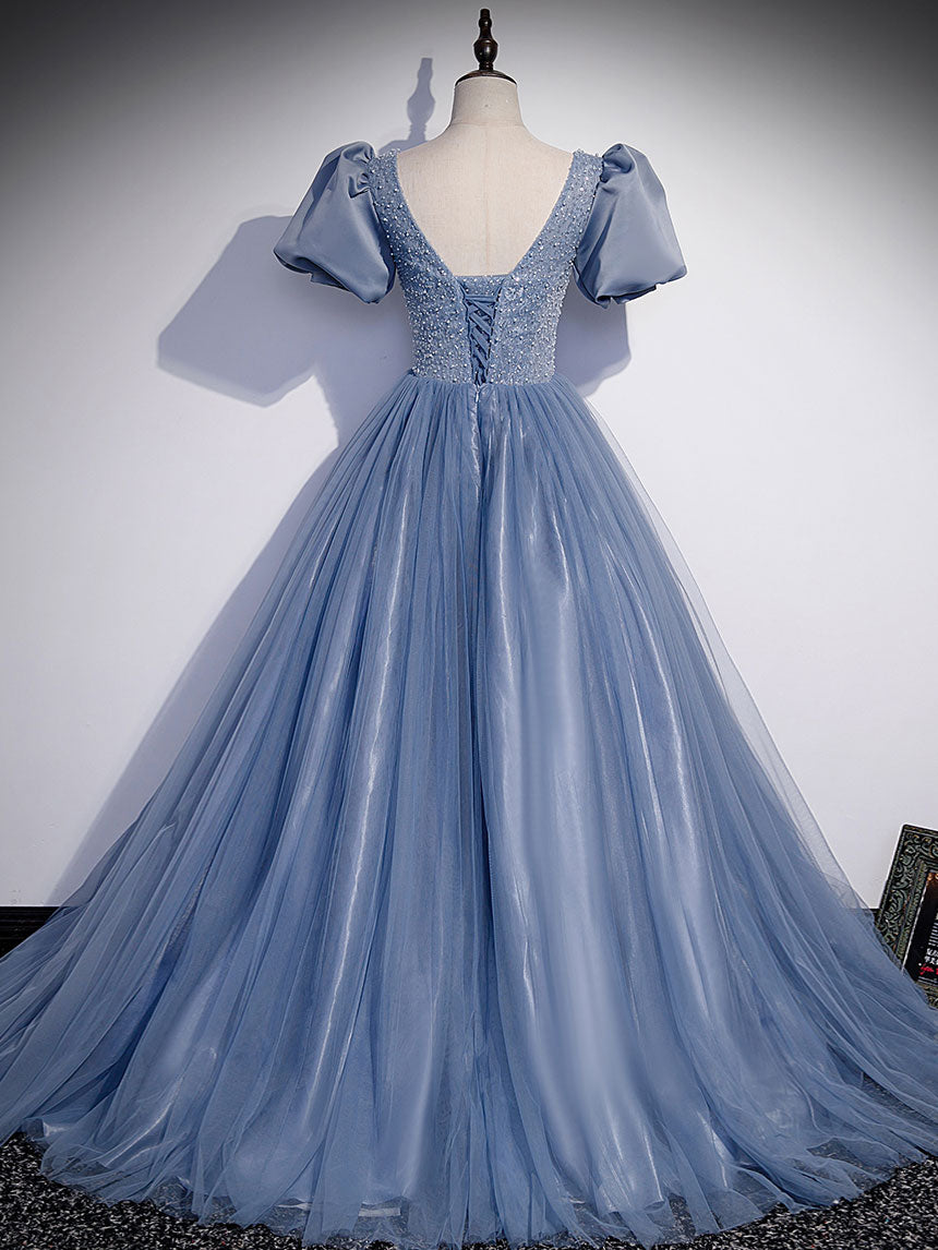 Elegant Blue Round Neck Tulle Sequin Beaded Long Prom Dress | Formal Evening Gown for Women | Perfect for Homecoming, Prom Night & Special Occasions