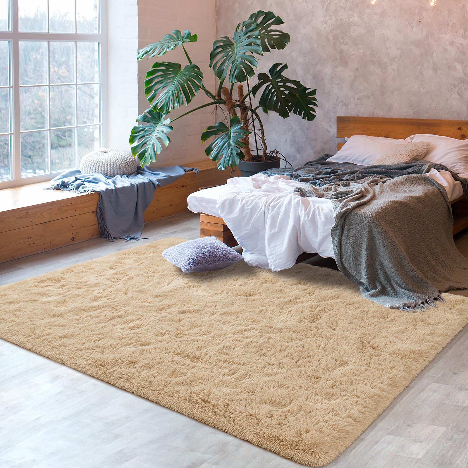 Softlife 5.3x7.6 Feet Shaggy Area Rug - Ultra Plush Fluffy Fuzzy Carpet for Living Room, Bedroom, Nursery & Kids Room | Super Soft Long Shag Bedside Rug | Christmas Home Decor for Boys & Girls (Beige) | Perfect for Cozy Family Gatherings, Playtime & Holiday Decorations