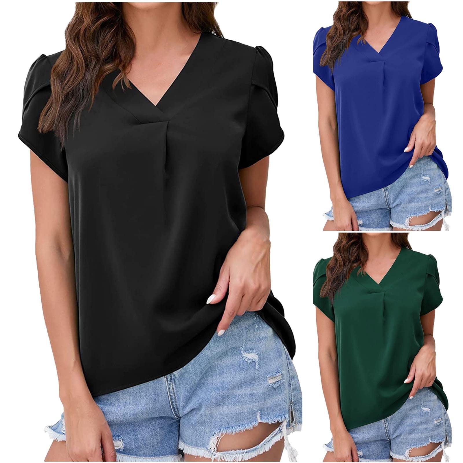 Women's Business Casual Puff Sleeve Blouse - Elegant Solid Color Summer Top, Loose Tunic V-Neck Shirt for Office, Dating & Weekend Outfits