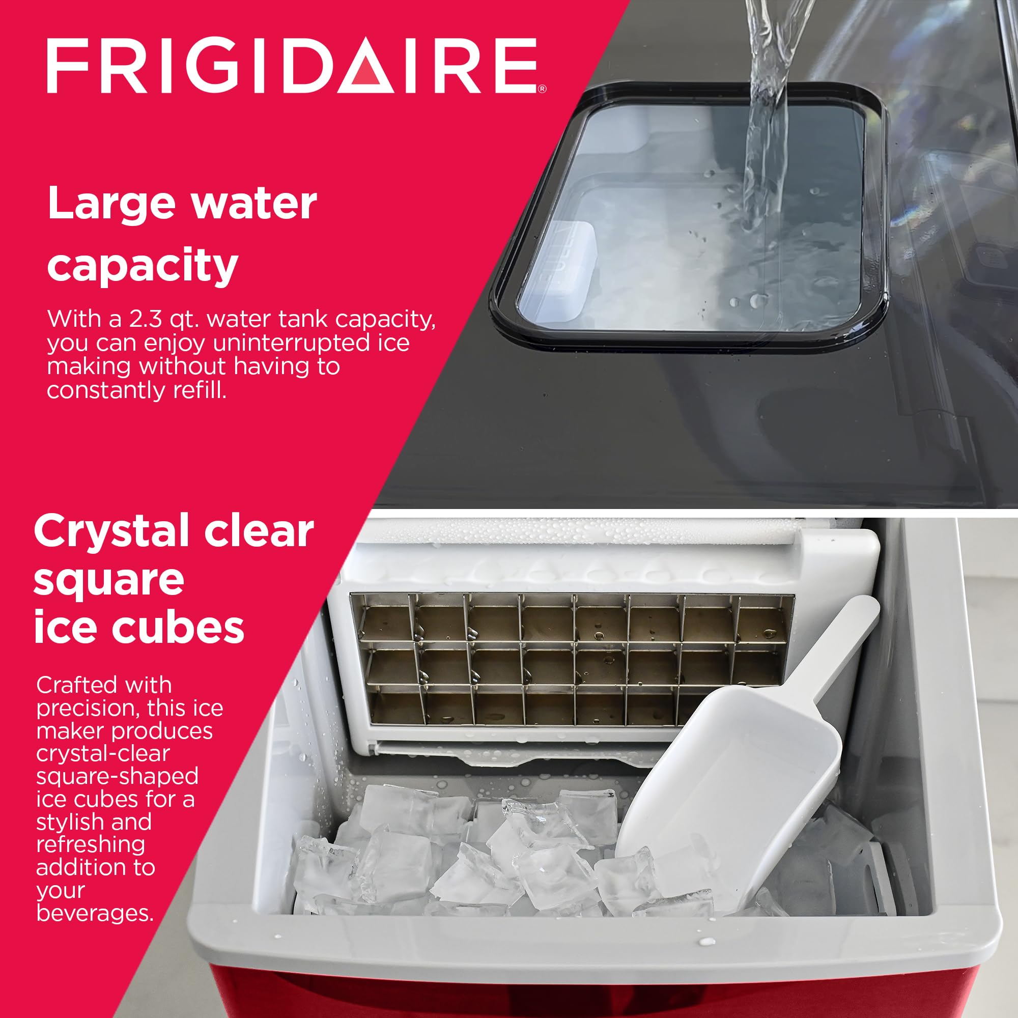 Frigidaire EFIC452-SSRED XL Commercial Ice Maker - 40 lbs. Daily Clear Square Ice Cubes, Stainless Steel & Red Finish - Perfect for Restaurants, Bars, and Home Entertaining