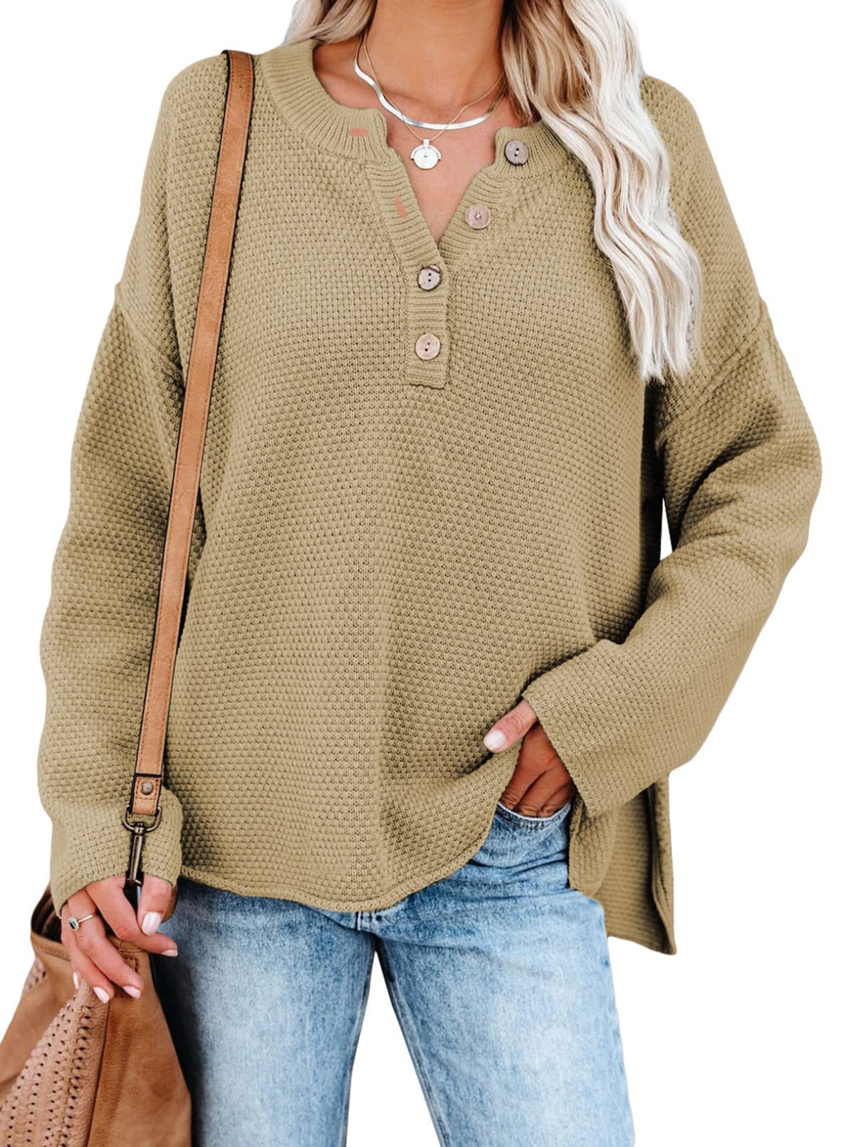 SHEWIN Women's Waffle Knit V-Neck Sweater Long Sleeve Button Henley Pullover Top - Casual Loungewear, Fall Layering & Coffee Date Outfit