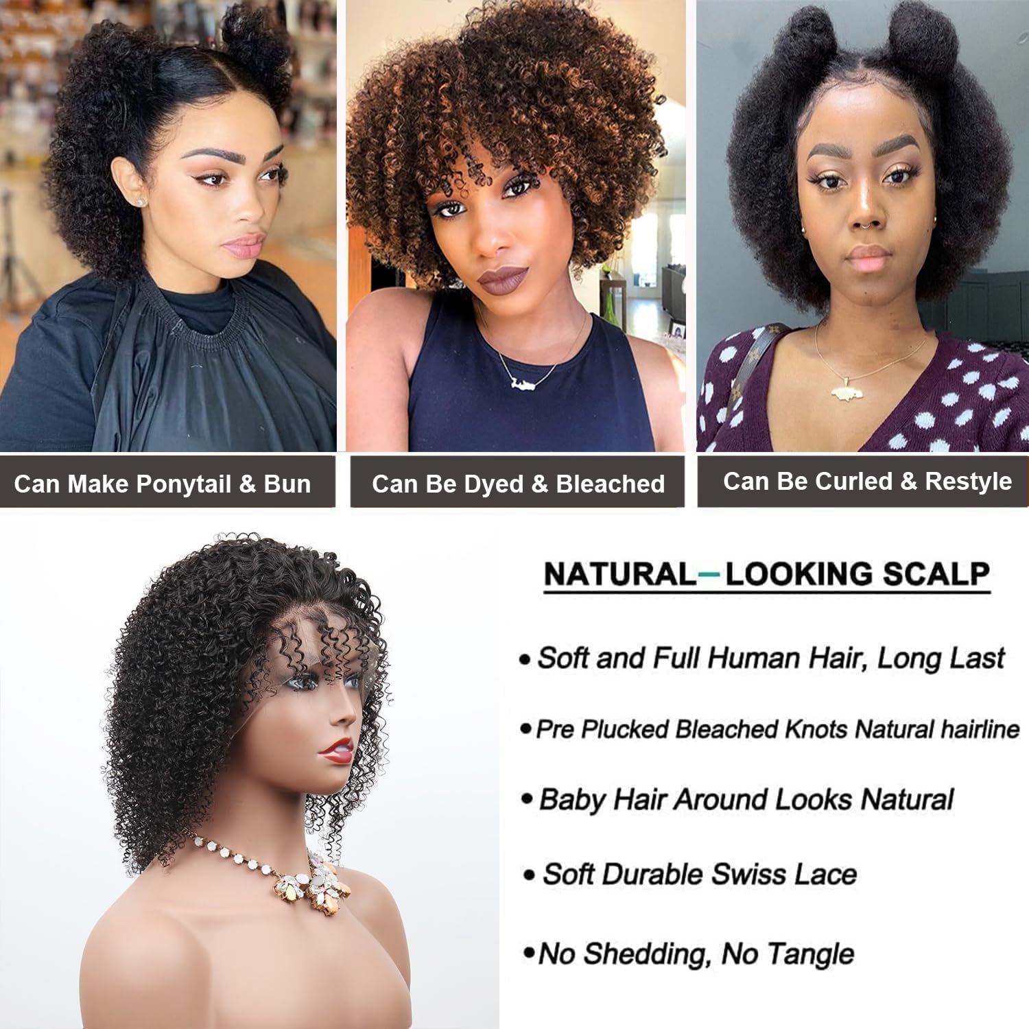 13x4 Kinky Curly Lace Front Wig | Short Afro Bob Human Hair Wig for Black Women | Brazilian Virgin Hair 150% Density | Pre-Plucked with Baby Hair | 12 Inch Natural Color | Perfect for Daily Wear, Parties & Special Occasions
