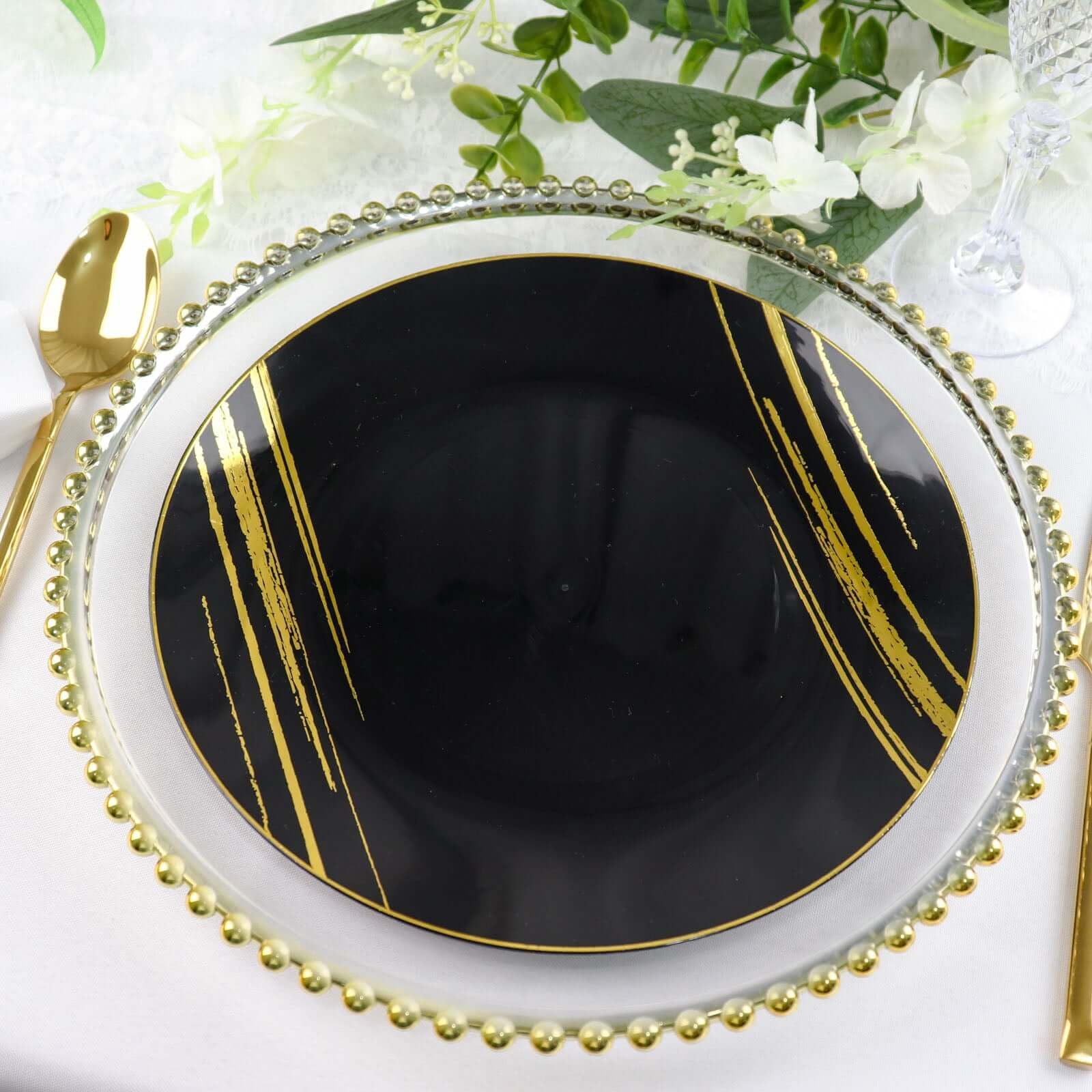 Efavormart 10 Pack Black & Gold Brush Stroked 10 Inch Round Plastic Dinner Plates - Disposable Party Plates for Weddings, Birthdays & Events - Elegant Dinnerware for Catering, Buffets & Special Occasions