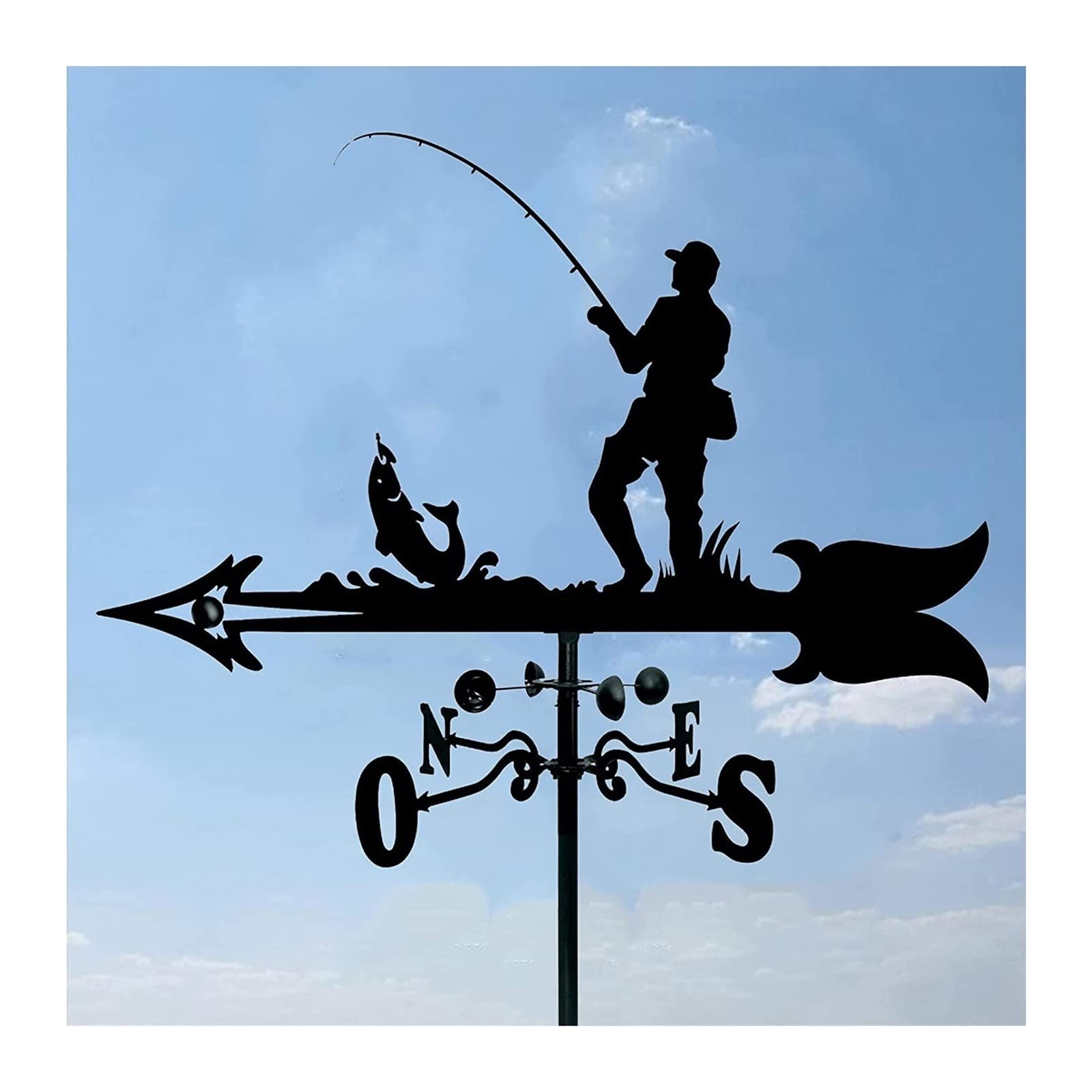 Vintage Iron Weathervane - Creative Fishing Statue Wind Direction Indicator for Garden, Patio & Yard Decoration | Professional Measuring Bracket Included | Perfect for Outdoor Décor & Fishing Enthusiasts