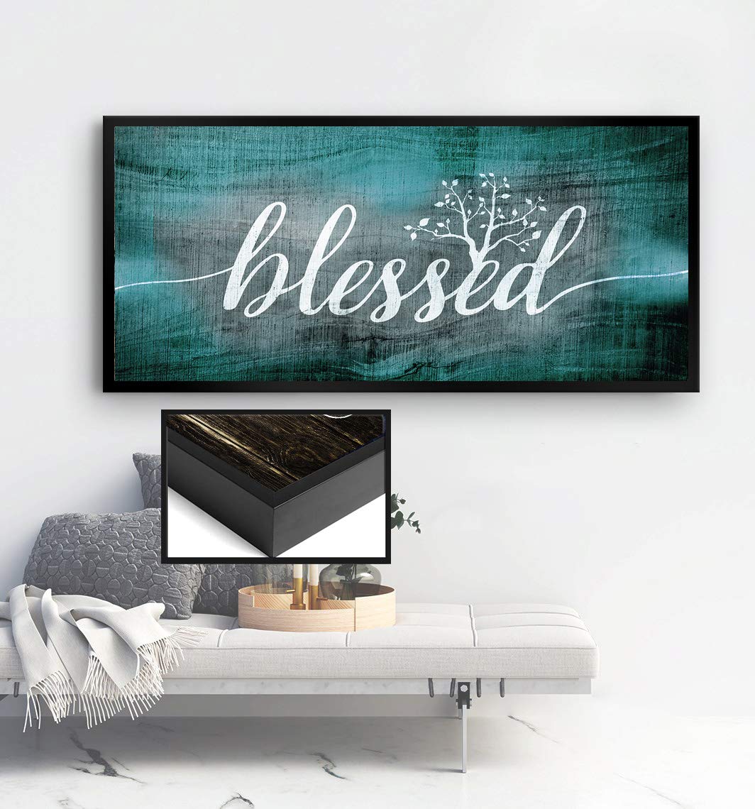 Blessed Christian Wall Art - Framed Religious Home Decor with Teal Canvas & Black Floating Frame (42x19) - Perfect for Living Room, Bedroom & Prayer Space