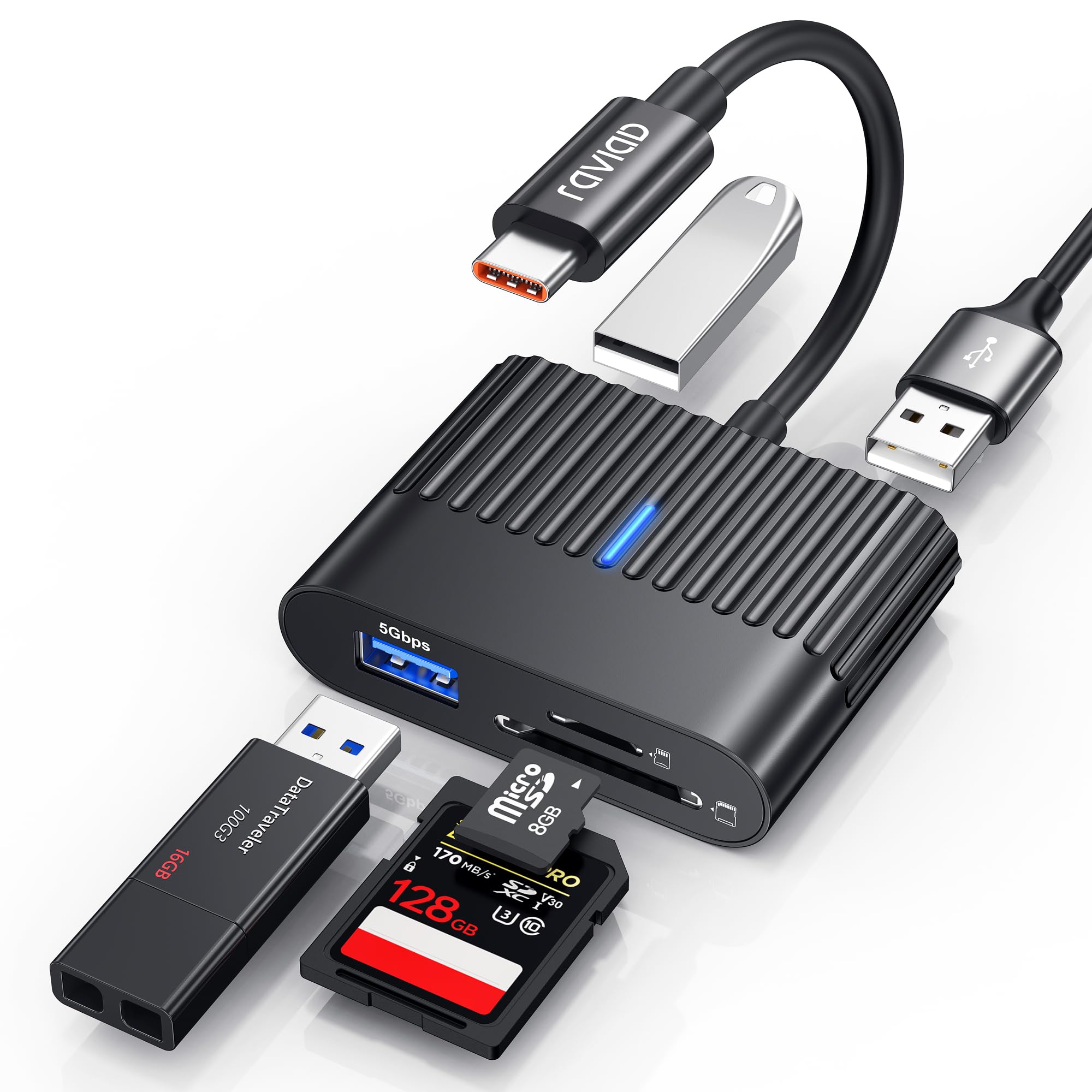 RAVIAD 5-in-1 USB C SD Card Reader with USB 3.0 Port - Compatible with iPhone 16/15 Plus/Pro Max, MacBook, iPad Pro, Galaxy S24 - Supports SD/TF Cards & 2 USB 2.0 Ports | Perfect for Photographers, Content Creators & Mobile Professionals