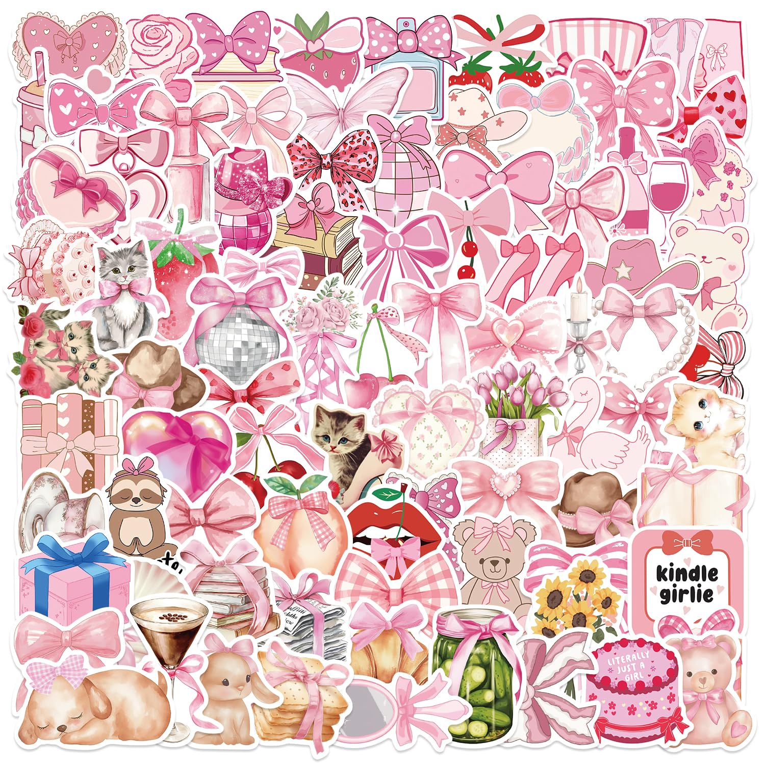 100PCS Pink Aesthetic Stickers Pack - Cute Bow Tie Coquette Stickers for Girls, Waterproof Vinyl Decals for Laptop, Phone, Notebook & Scrapbooking - Kawaii Room Decor & DIY Craft Supplies