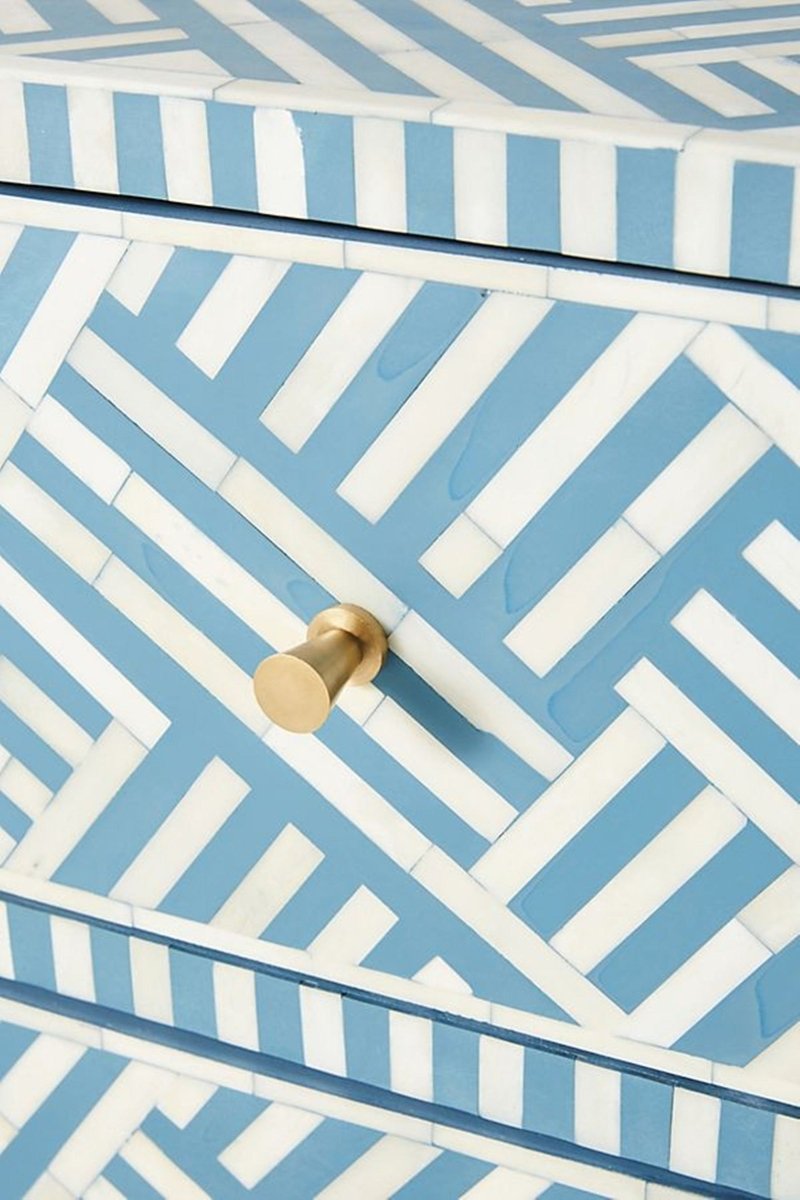 Handmade Bone Inlay Chest of Drawers - 6-Drawer Storage Cabinet with Optical Design in Sky Blue | Perfect for Bedroom, Living Room & Office Organization