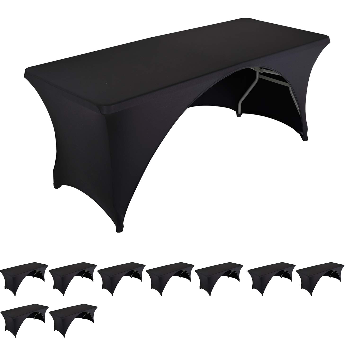 10 Pack Stretchable Fitted Table Covers for 6 Foot Folding Tables - Elastic Spandex Rectangular Tablecloths for Trade Shows, Parties & Events - Open Back Design (6FT-OB10PCS, Black) - Perfect for Banquets, Exhibitions and Home Decor