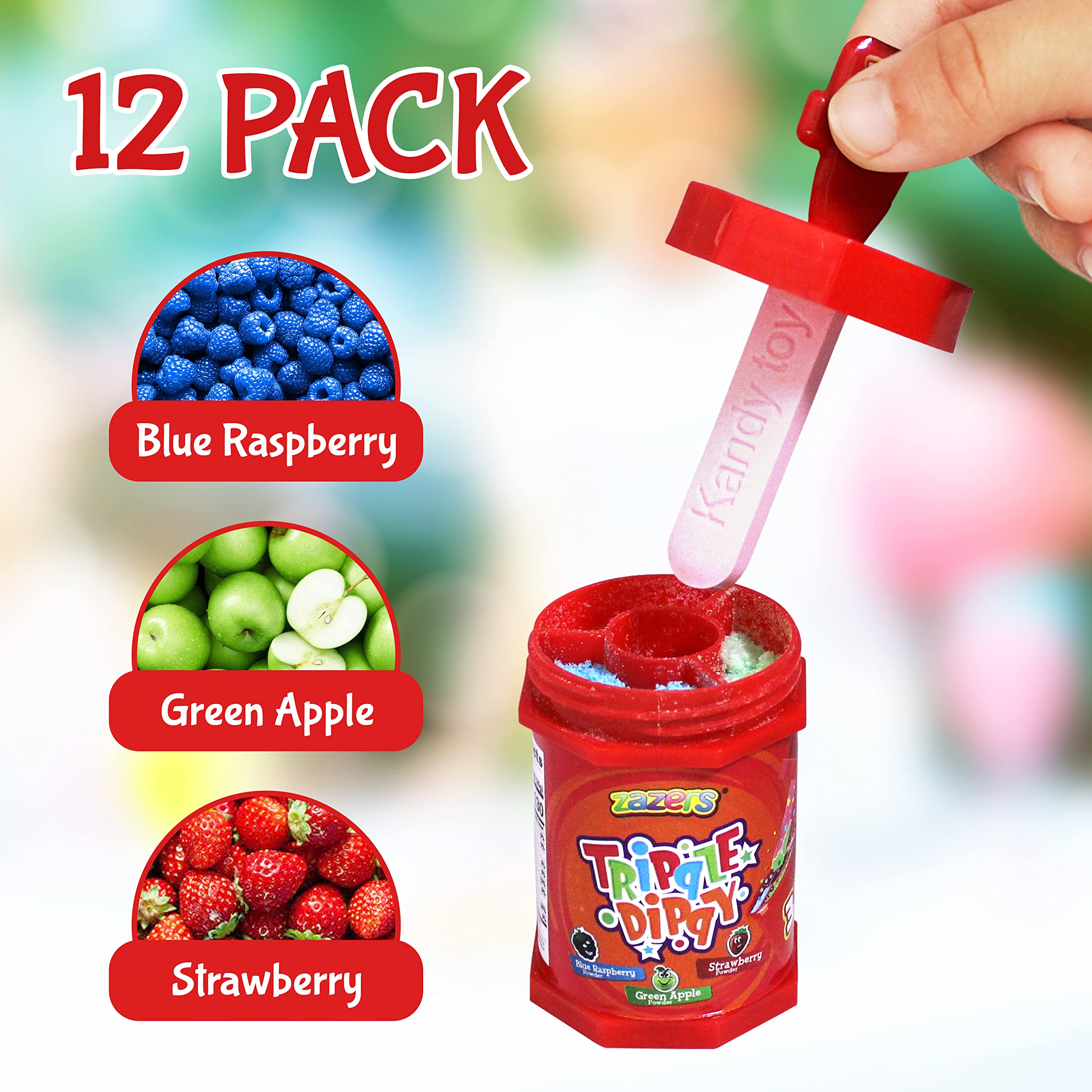 Zazers Triple Dippy Candy - 12 Pack Strawberry Lollipop with 3 Sour Powder Dips | Kosher Certified (14.76oz) | Perfect for Parties, Halloween Treats & Sweet Snacks