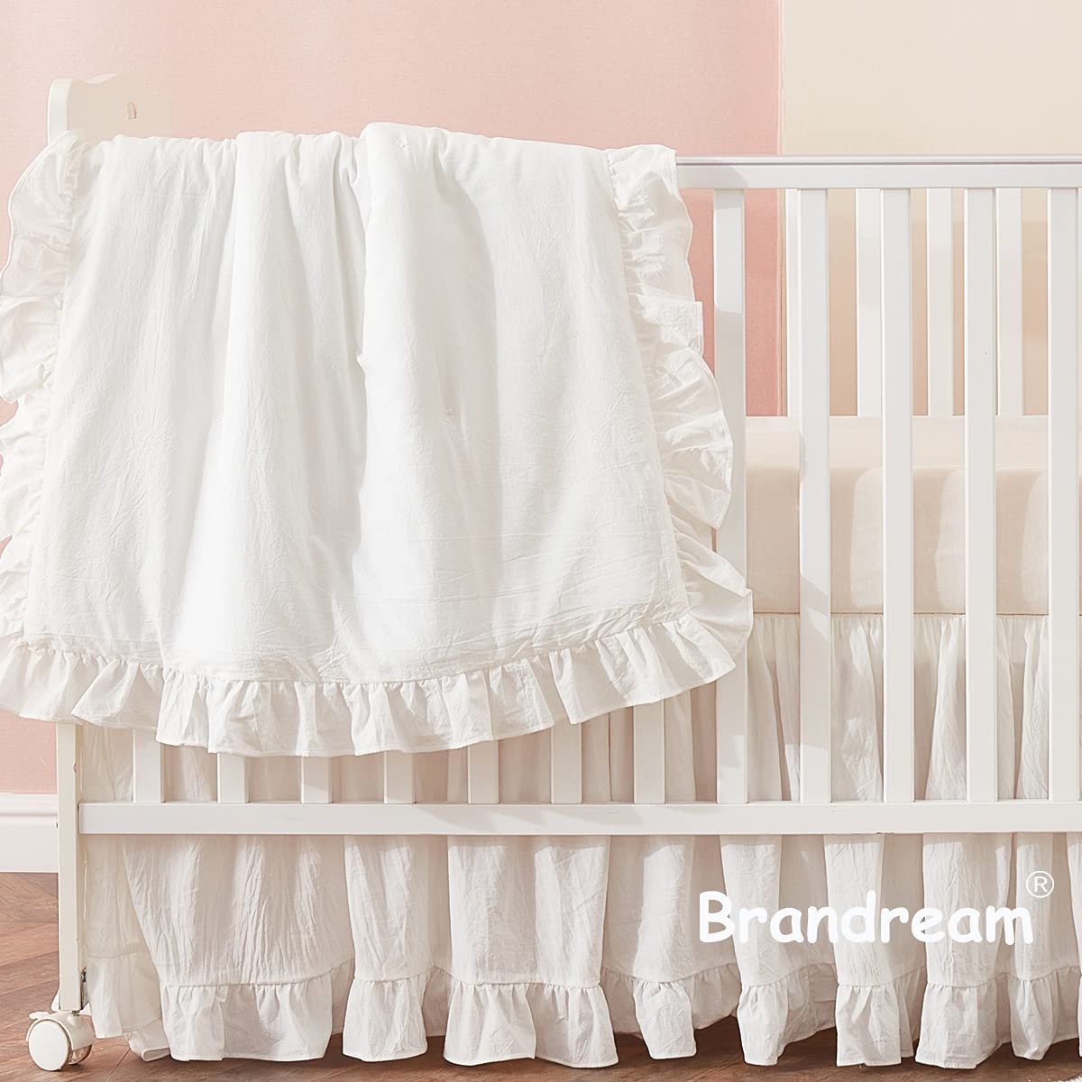 Brandream 6-Piece Baby Crib Bedding Set - 100% Washed Cotton Cream White Nursery Set for Girls & Boys | Gender Neutral, Boho Chic & Farmhouse Style with Ruffles | Perfect for Newborns, Infant Rooms & Baby Showers