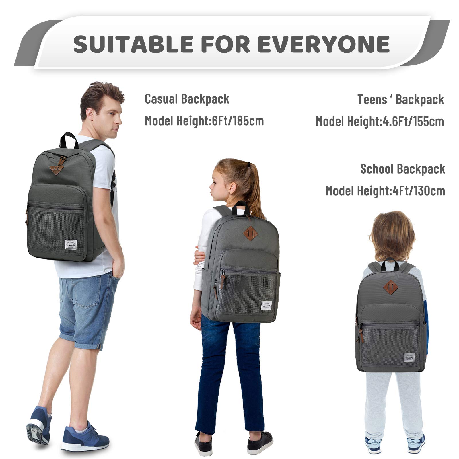 VASCHY Waterproof Lightweight School Backpack for Men & Women - 15.6 Inch Laptop Backpack with Padded Sleeve, Dark Gray - Perfect for College, Work, Travel & Daily Commute
