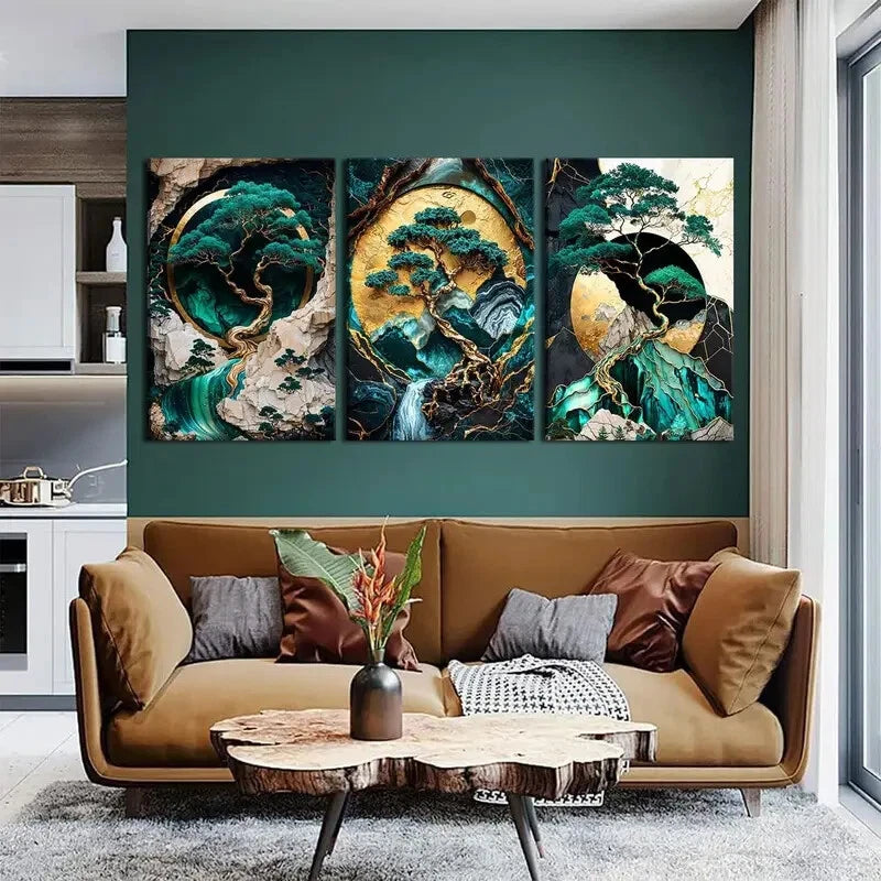 3-Piece Green and Golden Landscape Oil Painting Metal Prints - Ready to Hang Wall Art for Living Room, Bedroom & Office Decor