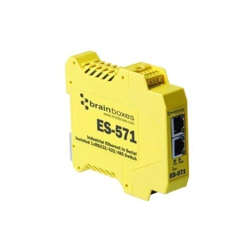 BRAINBOXES ES-571 Industrial DIN Rail Mounted Ethernet to Serial Converter - 1 Port RS232/422/485 with Switch | Rugged Network Communication for Factory Automation & SCADA Systems