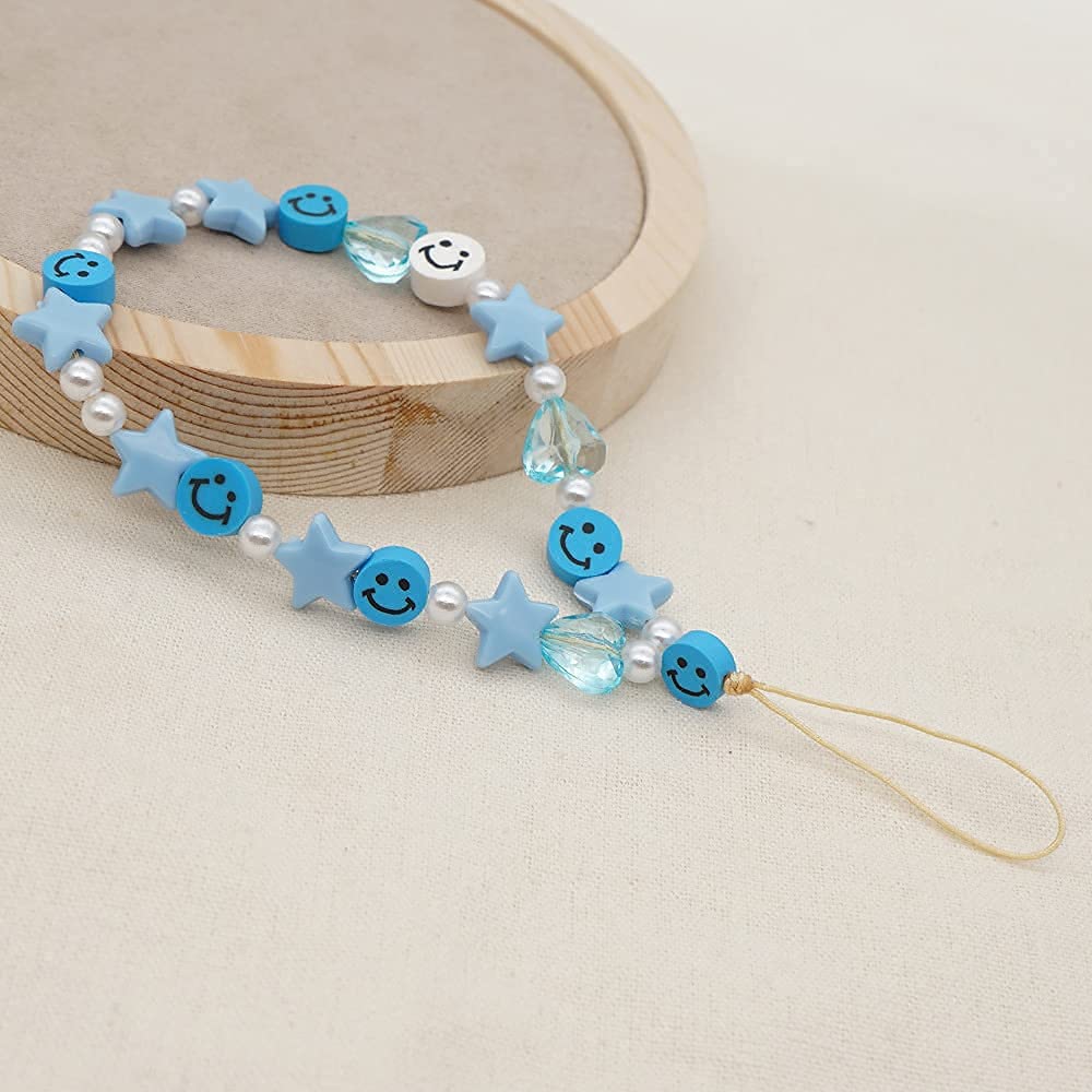 Stylish Smiley Face Beaded Phone Strap Wrist Lanyard - Handmade Polymer Clay & Acrylic Beads with Pearl Charm for Women & Girls - Perfect for Phone Security, Keychains, and Fashion Accessories