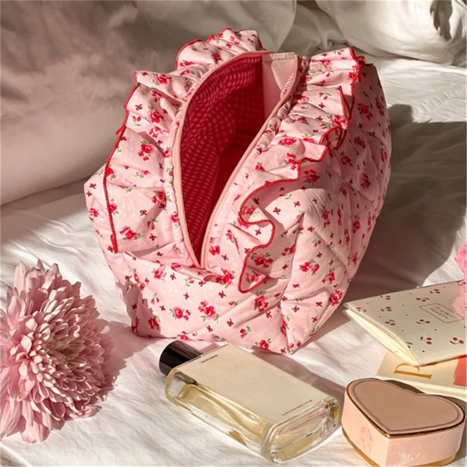 Cotton Makeup Bag Large Capacity Travel Cosmetic Pouch - Stylish Coquette Accessories for Women & Girls, Pink Floral Design - Perfect for Travel, Outdoor Camping, Hiking & Daily Use