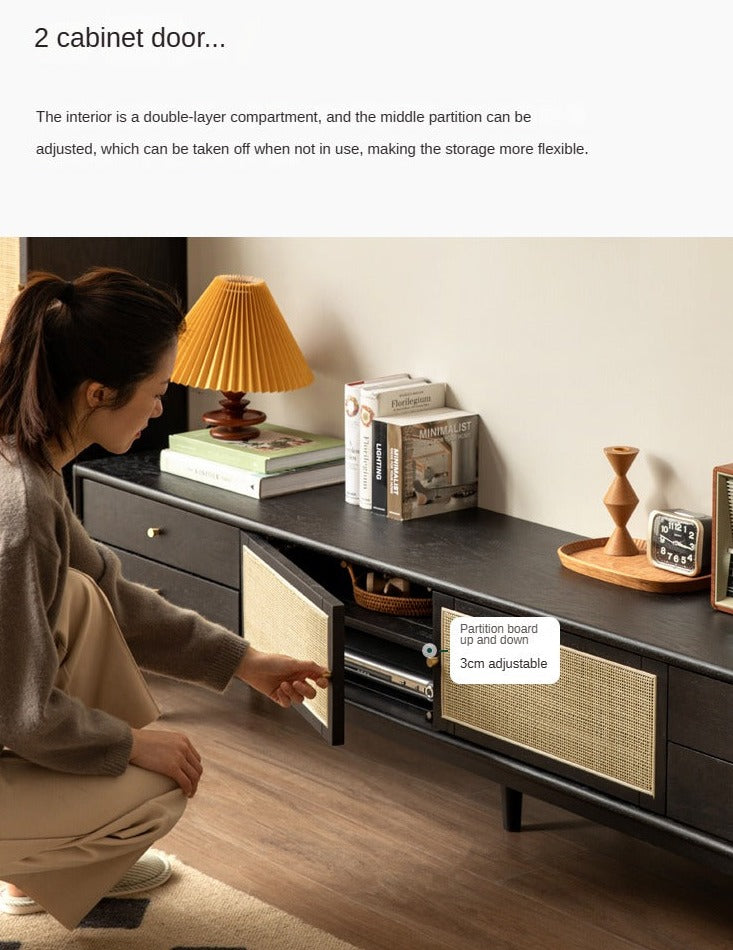 Solid Oak Wood Rattan TV Stand with 4 Drawers - Smoked Finish for Living Room, Bedroom & Home Theater Storage