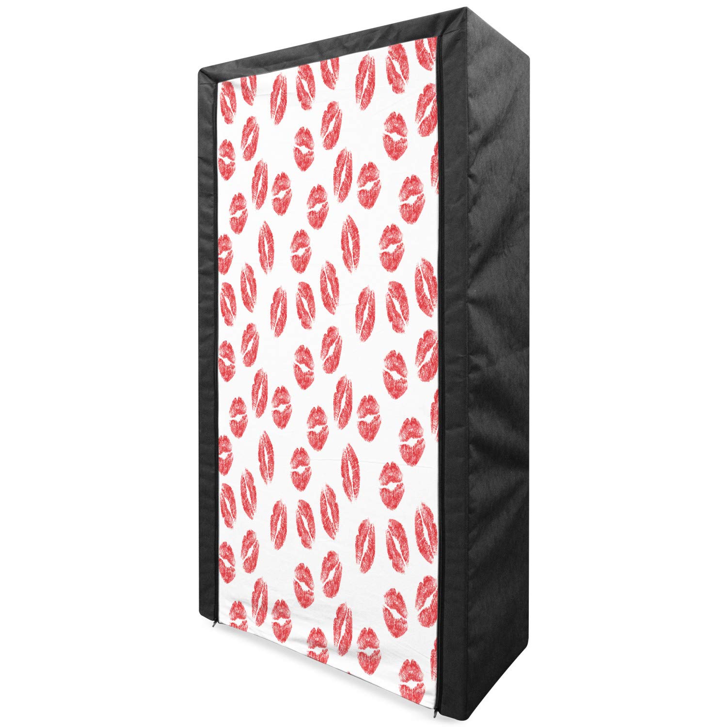 Ambesonne Women's Portable Fabric Wardrobe with Lipstick Kiss Pattern - 33.5 Inch Clothing Organizer & Storage Closet with Shelves - Perfect for Valentine's Day, Wedding Themes, Bedroom & Closet Organization - White & Red Design